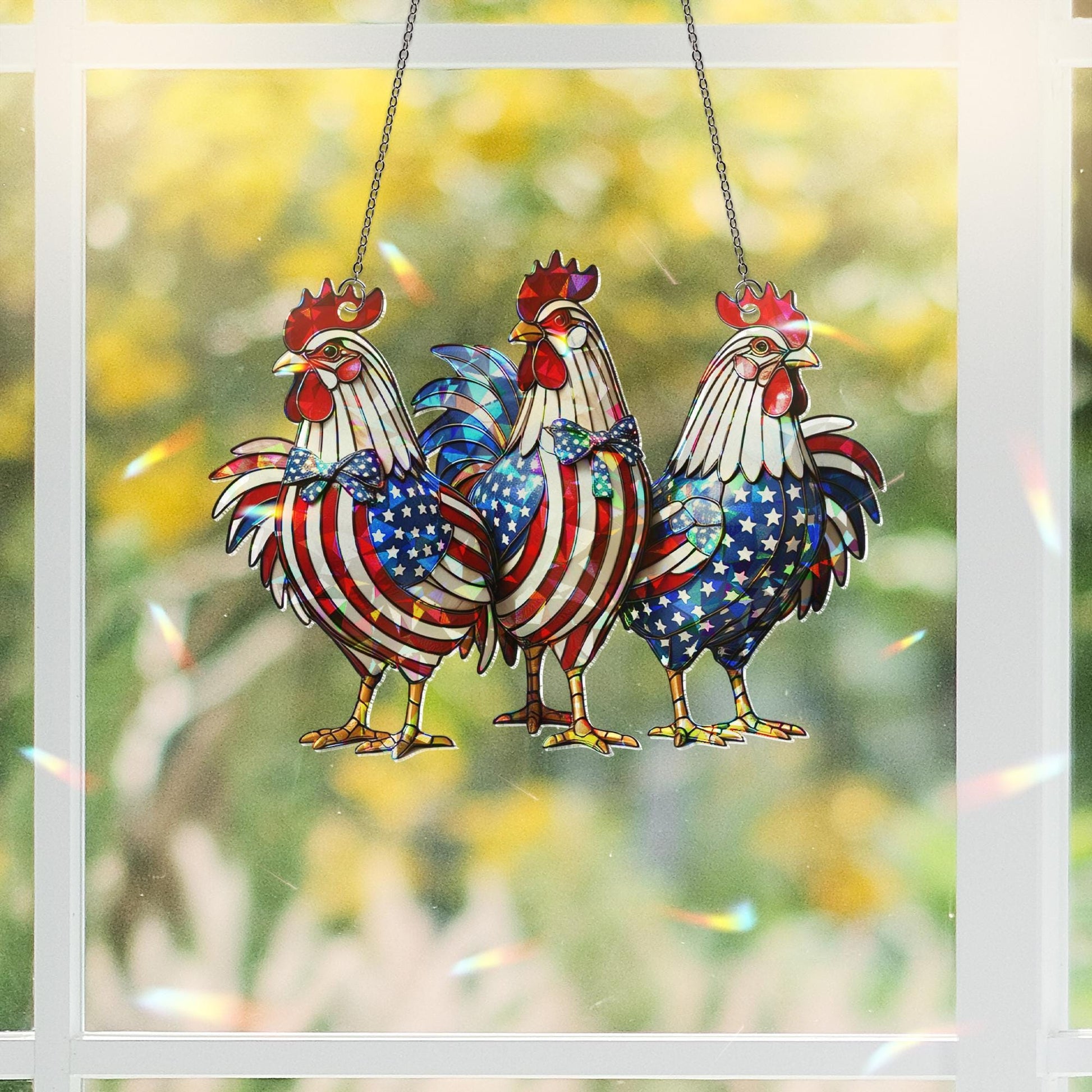 Patriotic Rooster Window Hanging – Holographic Acrylic Chicken Suncatcher – Red White Blue Farmhouse Decor for 4th of July or Kitchen