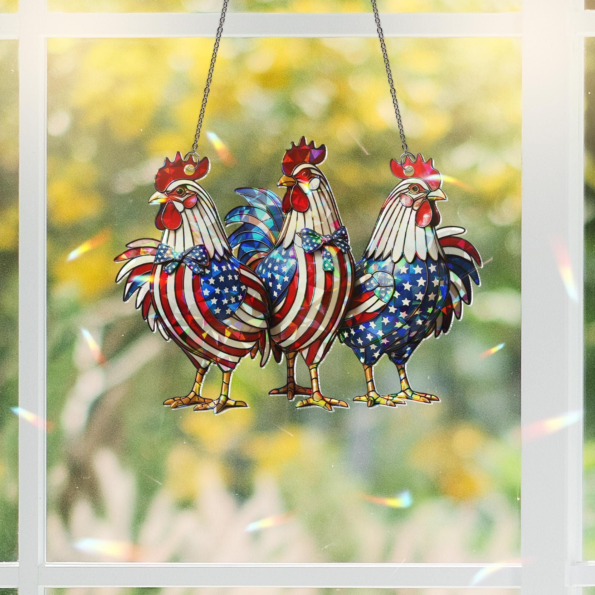 Patriotic Rooster Window Hanging – Holographic Acrylic Chicken Suncatcher – Red White Blue Farmhouse Decor for 4th of July or Kitchen