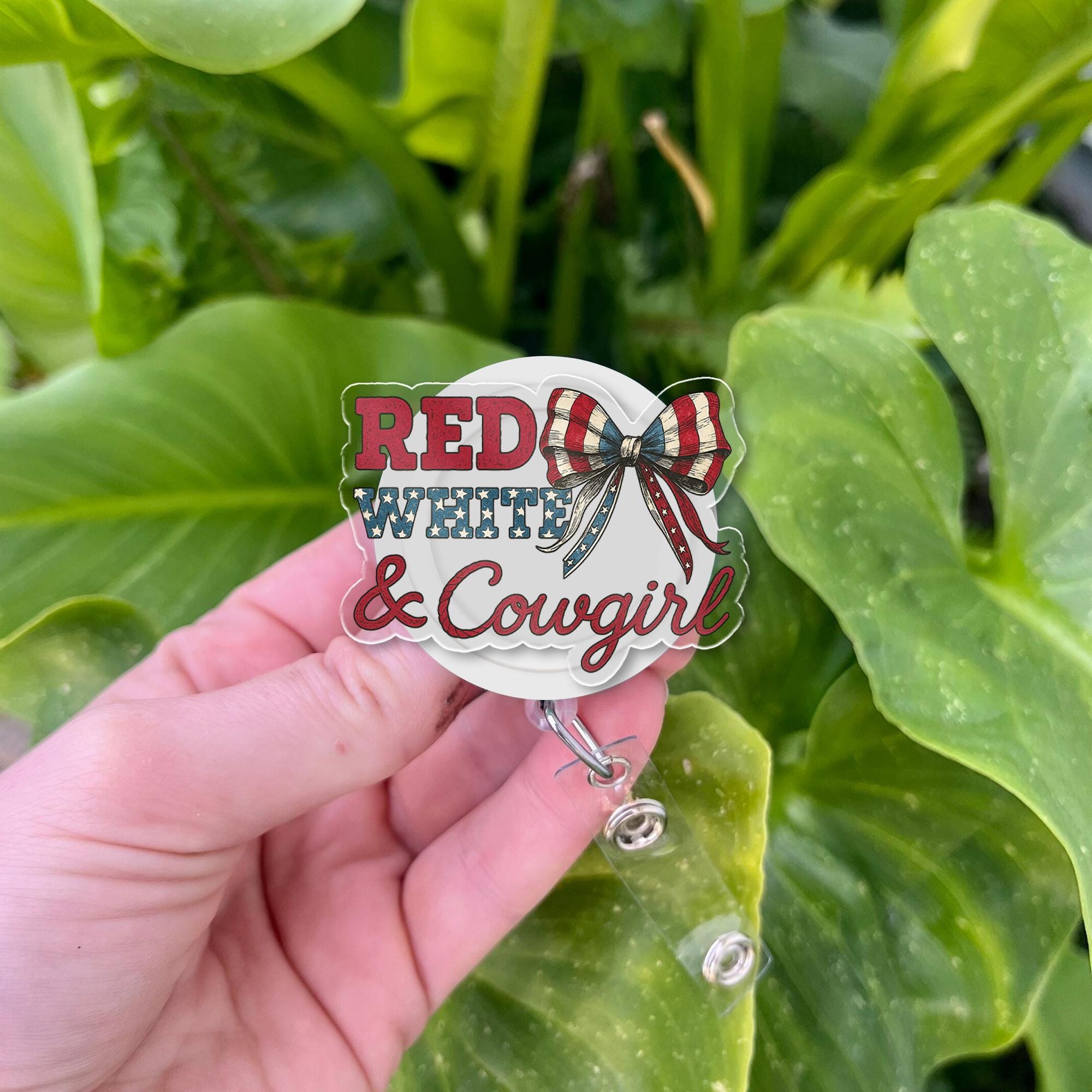 Red White & Cowgirl Badge Reel – Patriotic Western ID Holder – Cute Retractable Cowgirl Work Accessory for Nurses, Teachers, Rodeo Fans