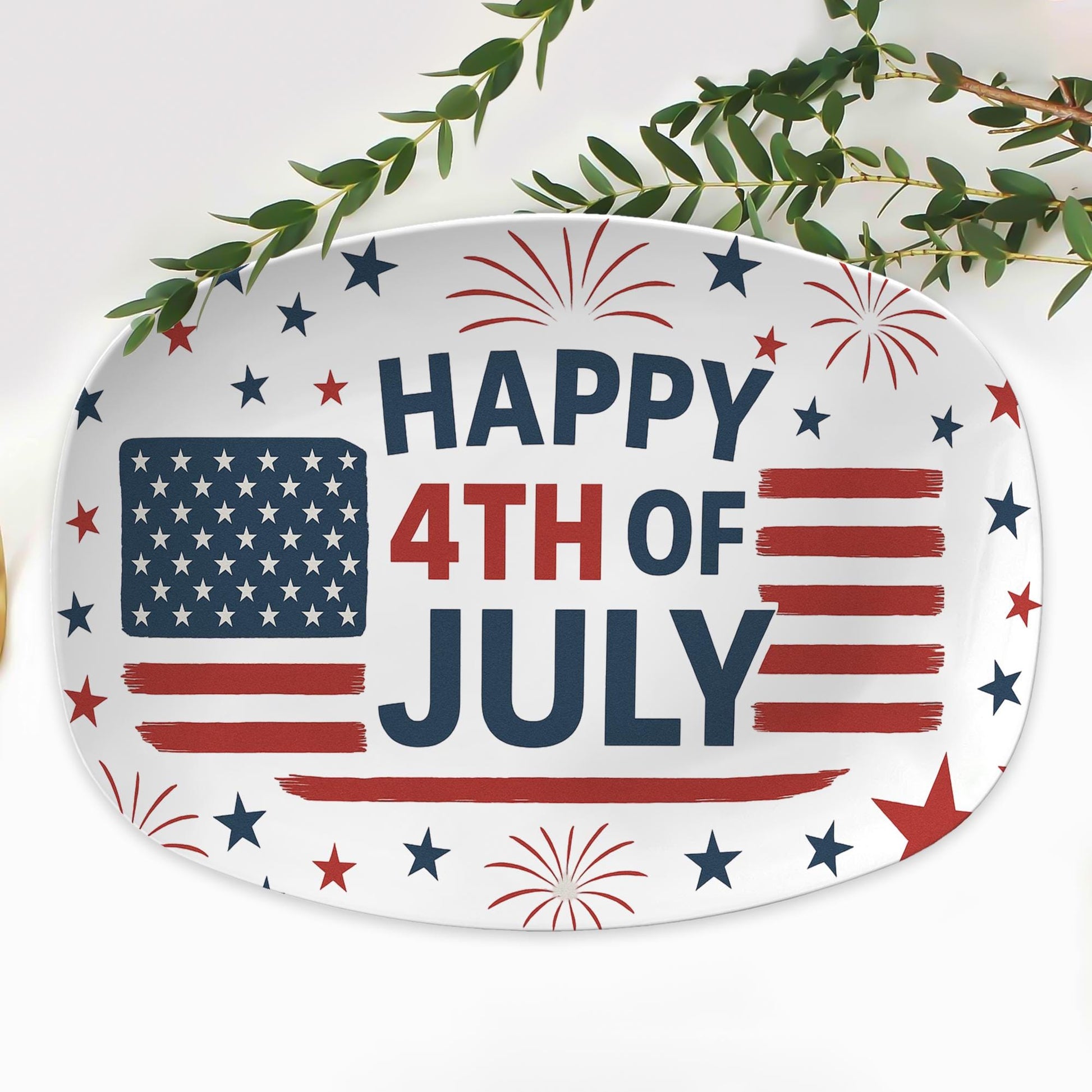 Happy 4th of July Platter – Patriotic Stars & Stripes Serving Tray – Red White Blue BBQ Party Plate for Independence Day Decor