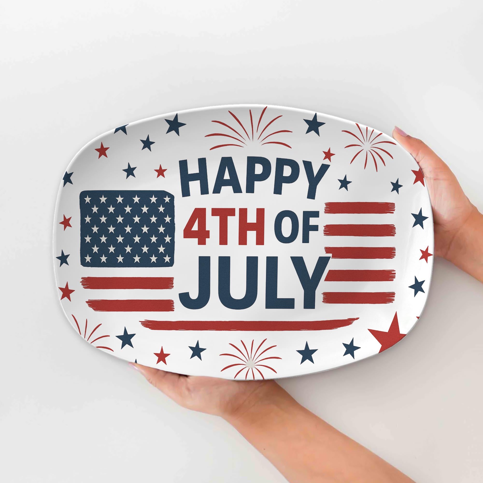 Happy 4th of July Platter – Patriotic Stars & Stripes Serving Tray – Red White Blue BBQ Party Plate for Independence Day Decor