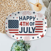 Happy 4th of July Platter – Patriotic Stars & Stripes Serving Tray – Red White Blue BBQ Party Plate for Independence Day Decor