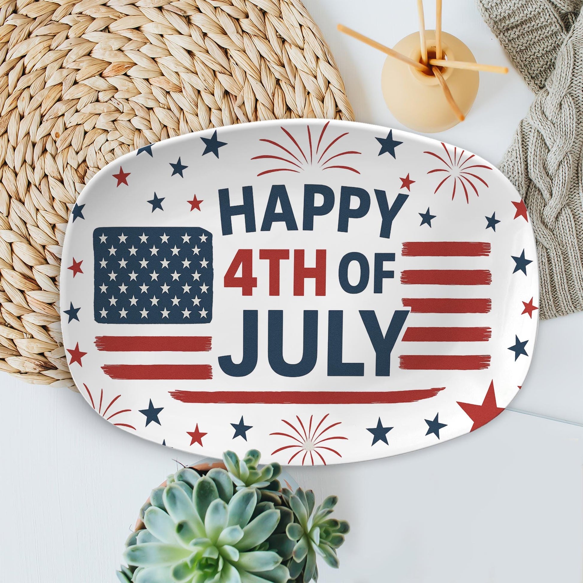 Happy 4th of July Platter – Patriotic Stars & Stripes Serving Tray – Red White Blue BBQ Party Plate for Independence Day Decor