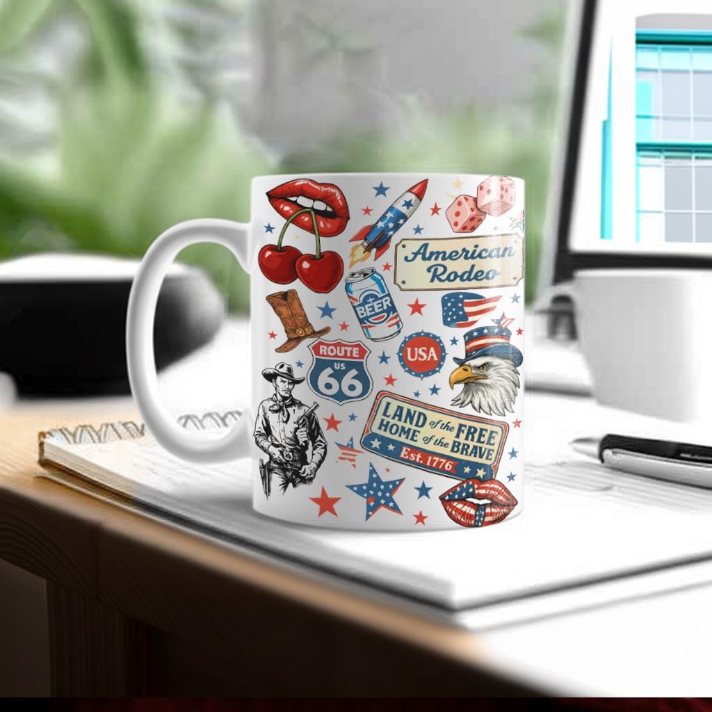 Patriotic American Rodeo Mug – Route 66 USA Coffee Cup – Vintage 4th of July Gift for Cowboys, Veterans, Western Country Decor Lovers