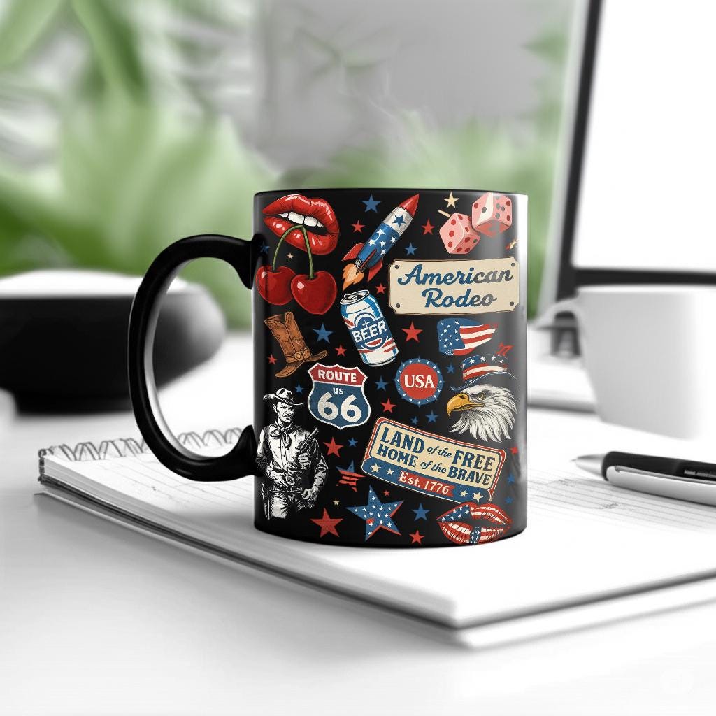Patriotic American Rodeo Mug – Route 66 USA Coffee Cup – Vintage 4th of July Gift for Cowboys, Veterans, Western Country Decor Lovers