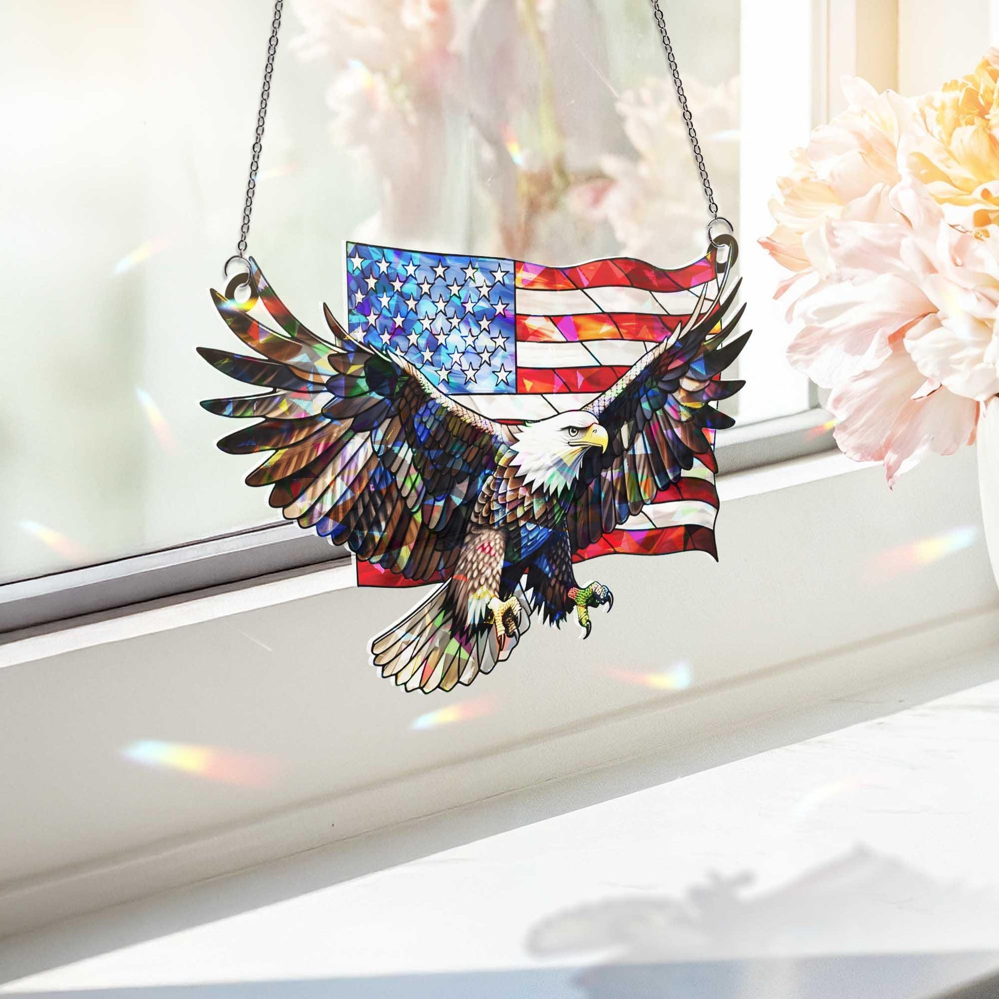 Patriotic Bald Eagle Window Hanging – American Flag Suncatcher, 4th of July Decor, Freedom Eagle Wall Window Art Gift