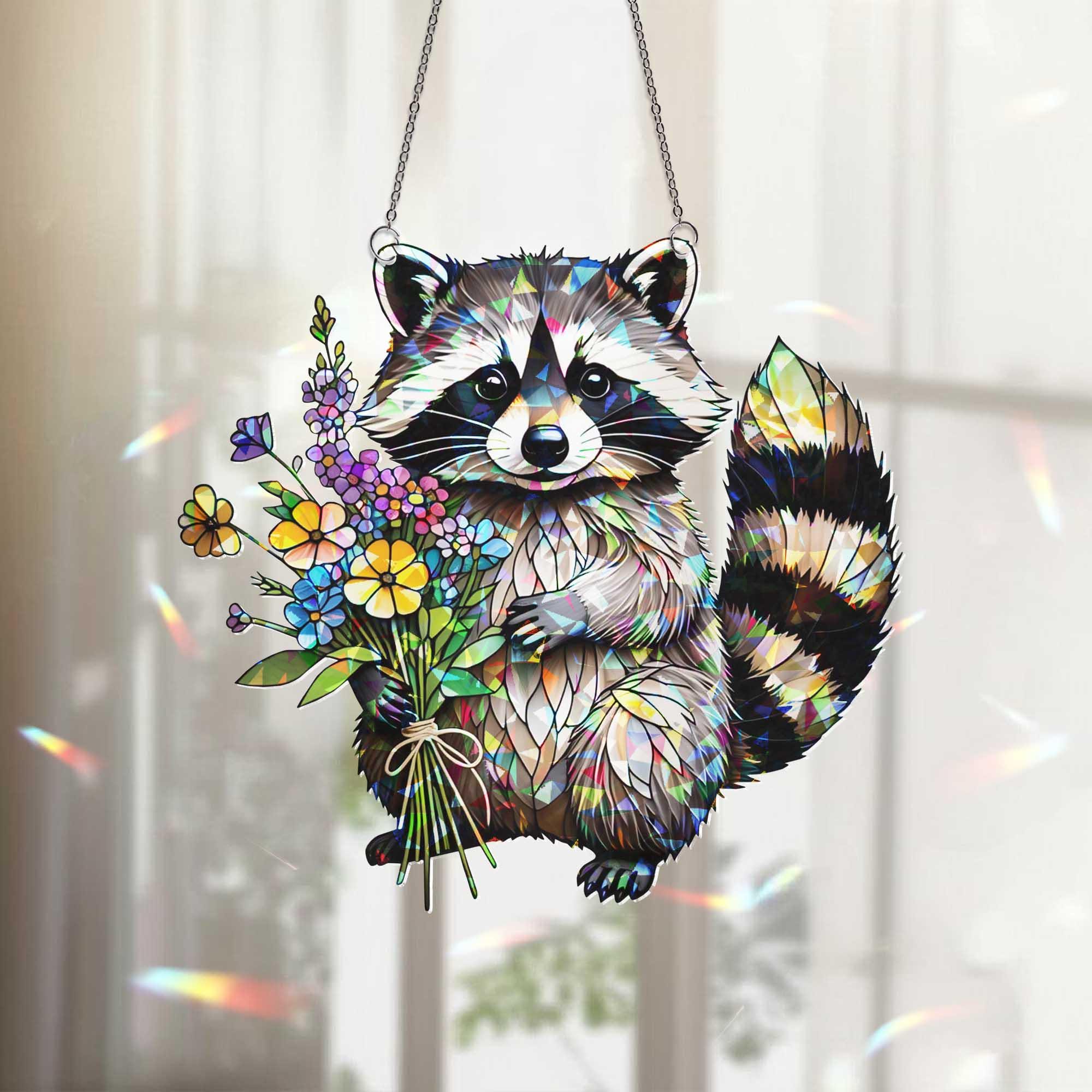 Cute Raccoon Window Hanging – Animal Suncatcher with Flowers, Woodland Wildlife Home Decor, Nature Animal Lover Gift