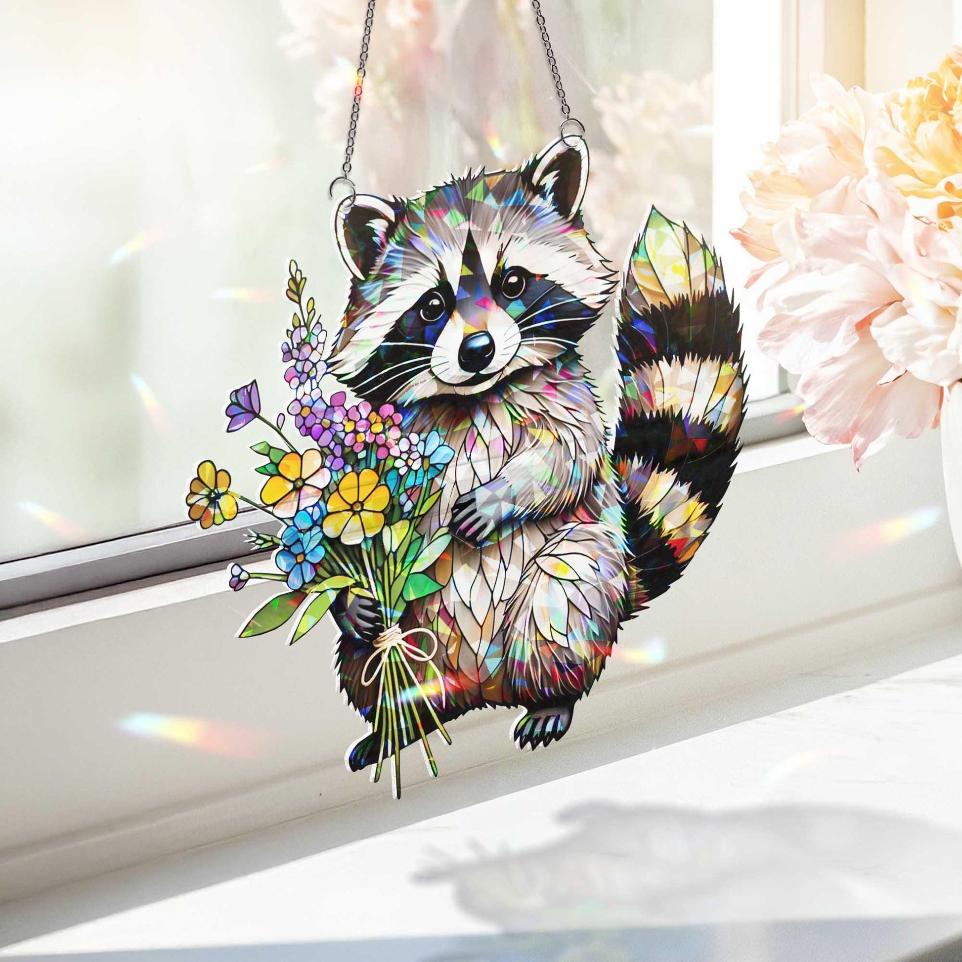 Cute Raccoon Window Hanging – Animal Suncatcher with Flowers, Woodland Wildlife Home Decor, Nature Animal Lover Gift
