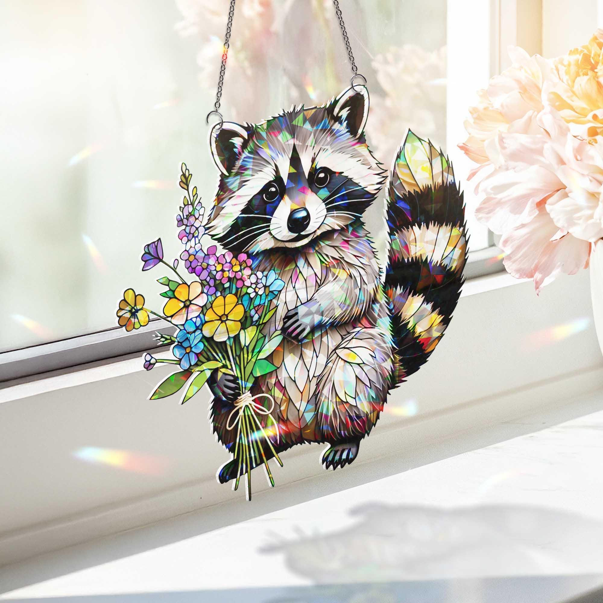 Cute Raccoon Window Hanging – Animal Suncatcher with Flowers, Woodland Wildlife Home Decor, Nature Animal Lover Gift