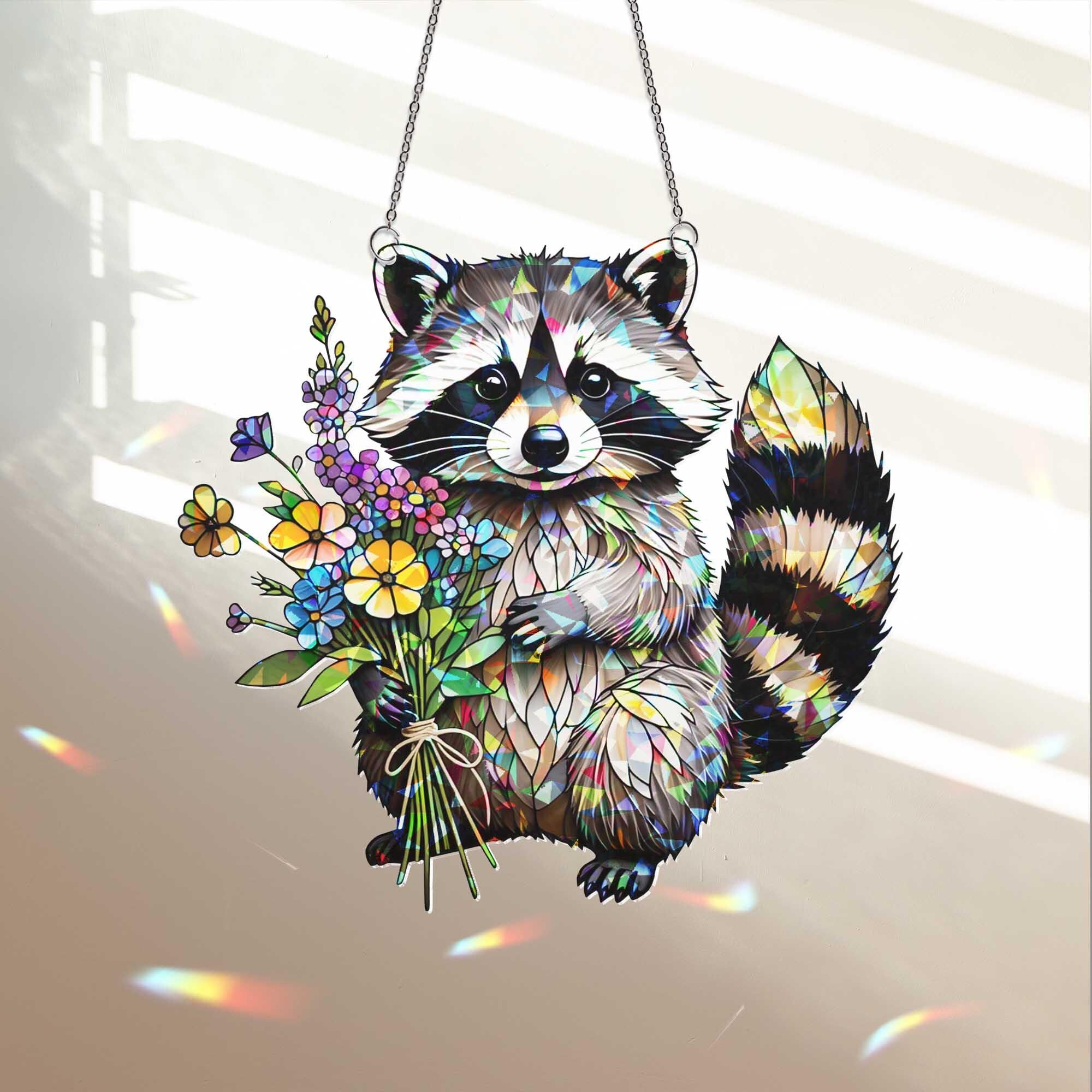 Cute Raccoon Window Hanging – Animal Suncatcher with Flowers, Woodland Wildlife Home Decor, Nature Animal Lover Gift
