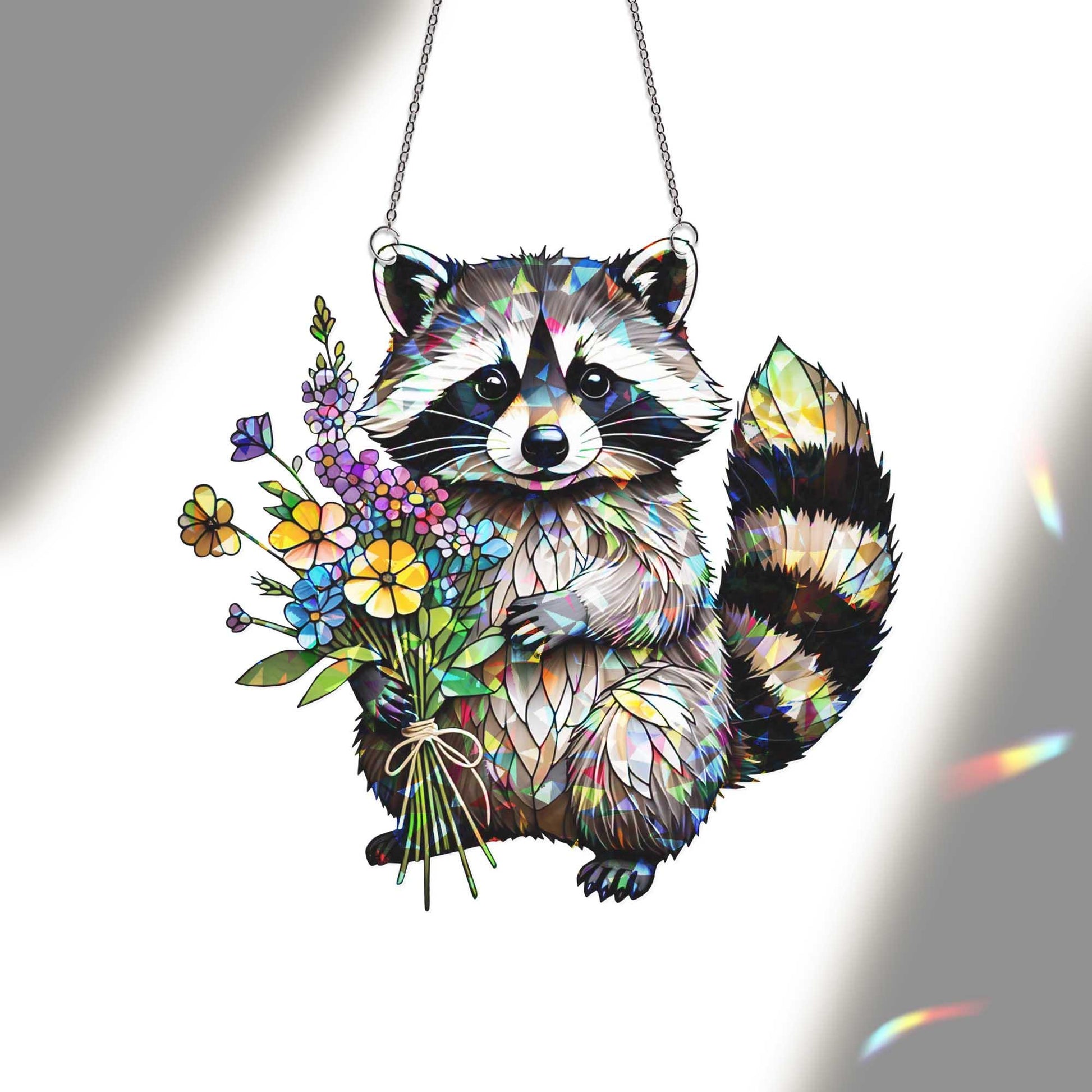 Cute Raccoon Window Hanging – Animal Suncatcher with Flowers, Woodland Wildlife Home Decor, Nature Animal Lover Gift