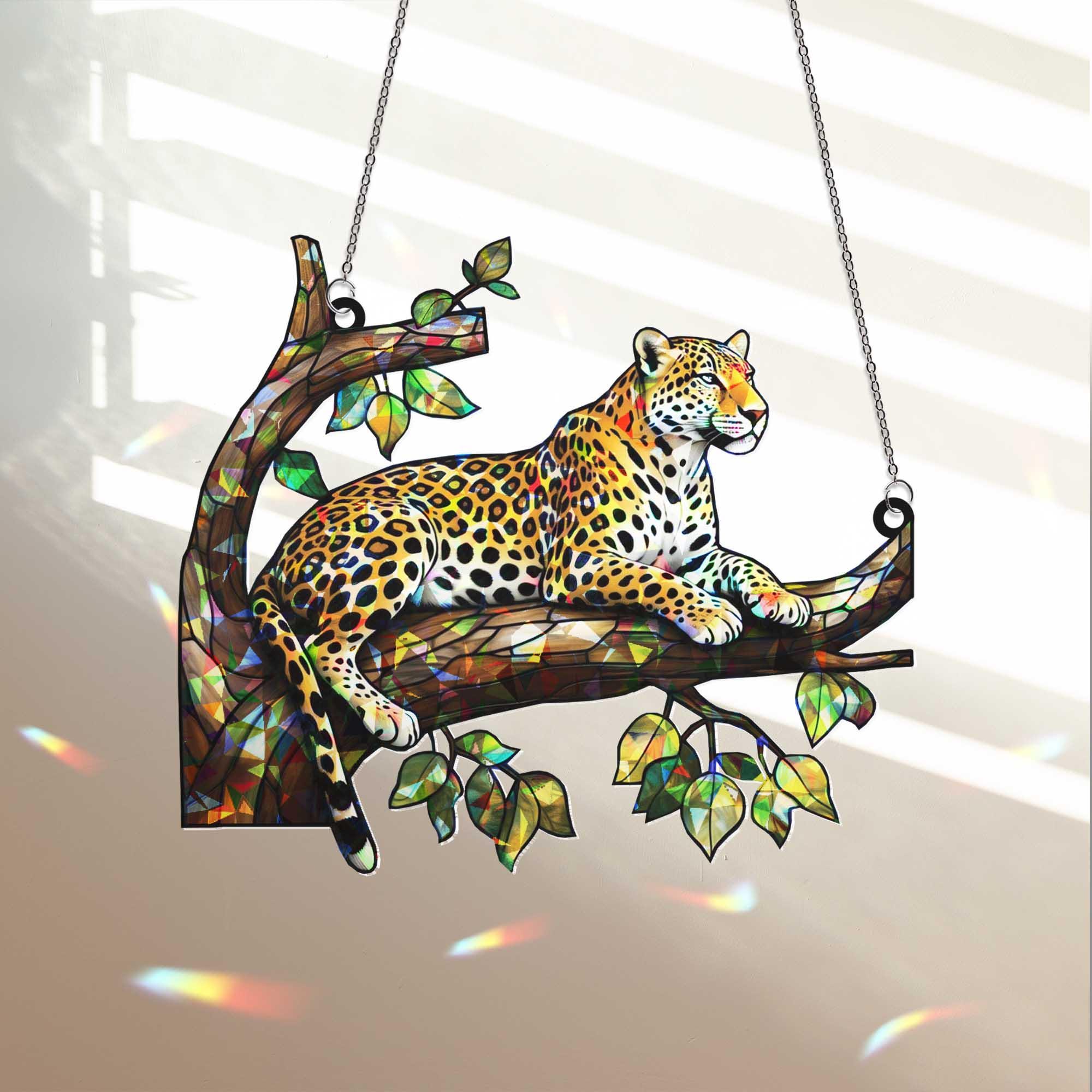 Leopard Jungle Window Hanging – Acrylic Animal Suncatcher, Big Cat Tree Decor, Nature Lover Gift, Wildlife Home Window Art