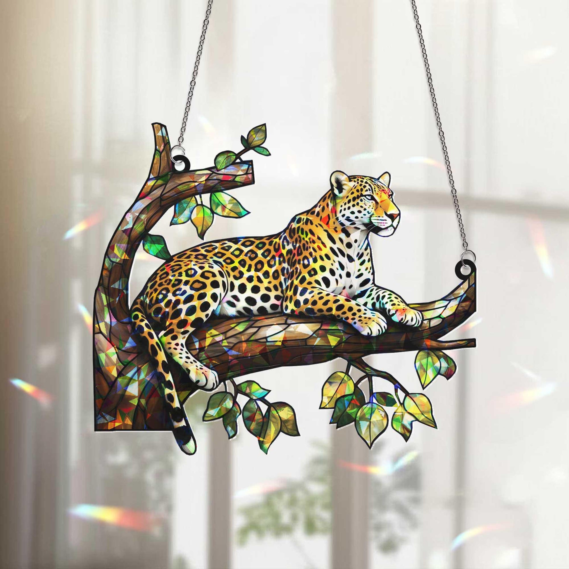 Leopard Jungle Window Hanging – Acrylic Animal Suncatcher, Big Cat Tree Decor, Nature Lover Gift, Wildlife Home Window Art