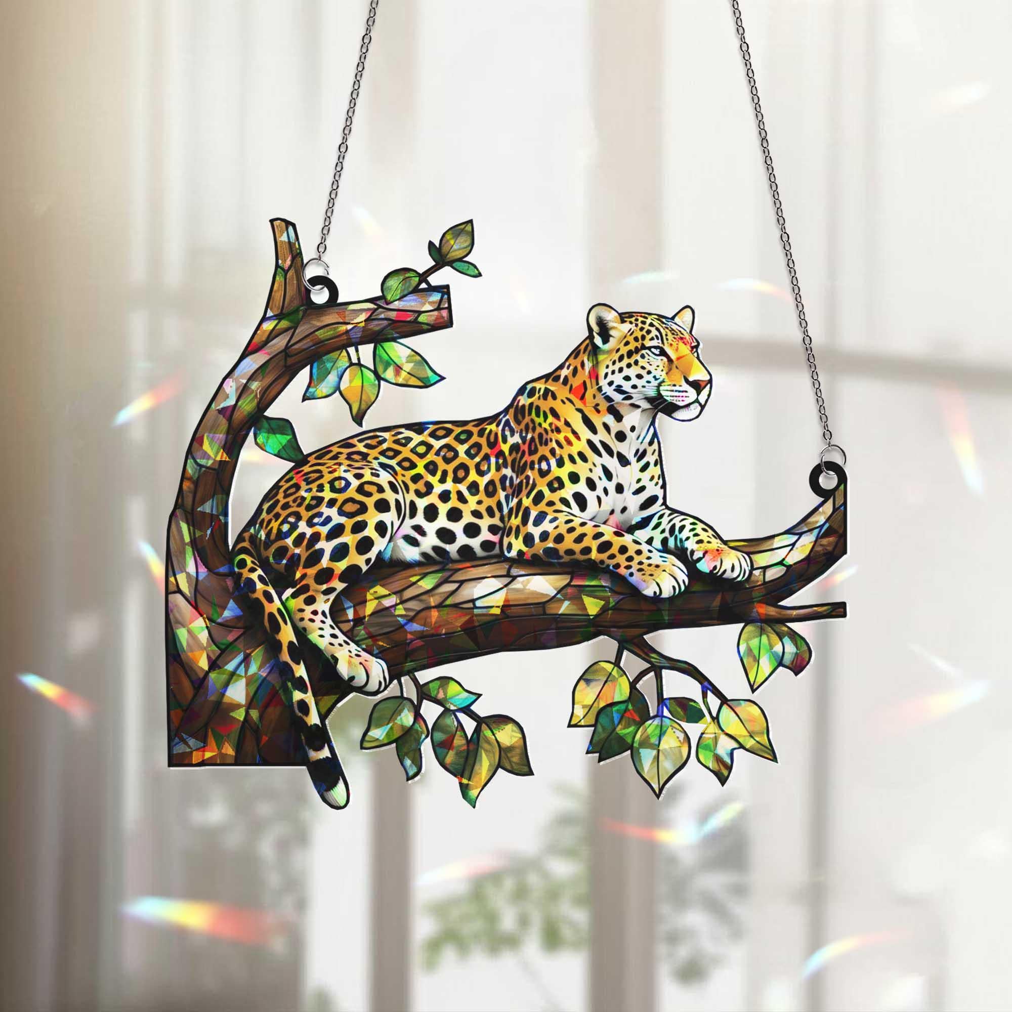 Leopard Jungle Window Hanging – Acrylic Animal Suncatcher, Big Cat Tree Decor, Nature Lover Gift, Wildlife Home Window Art