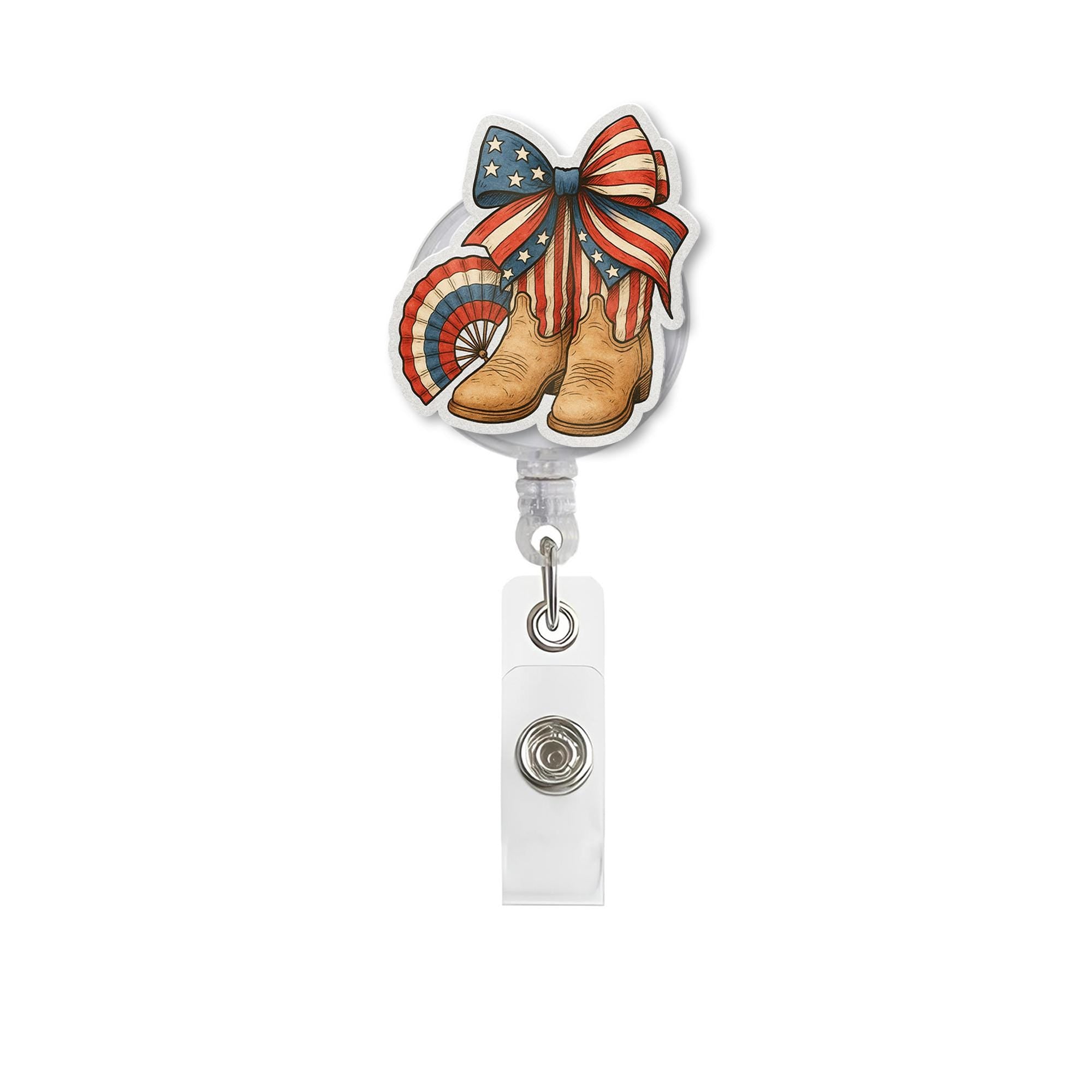 Patriotic Cowgirl Badge Reel – Western ID Holder with Cowboy Boots & USA Bow – 4th of July Work Accessory for Nurses, Teachers, Rodeo Fans
