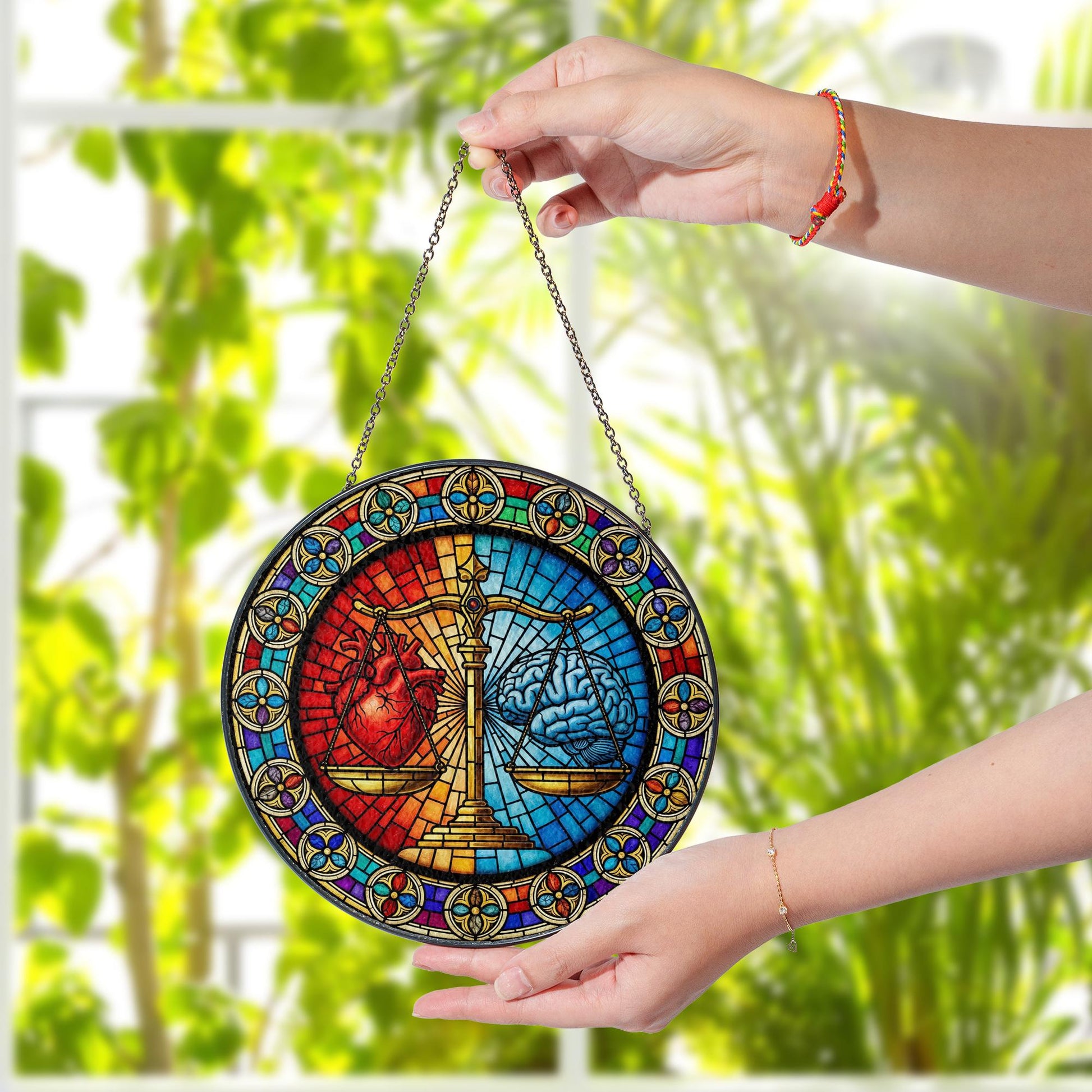 Scale of Justice Glass Suncatcher – Heart vs. Brain Glass Art – Law Office Decor, Gift for Lawyers or Psychology Lovers