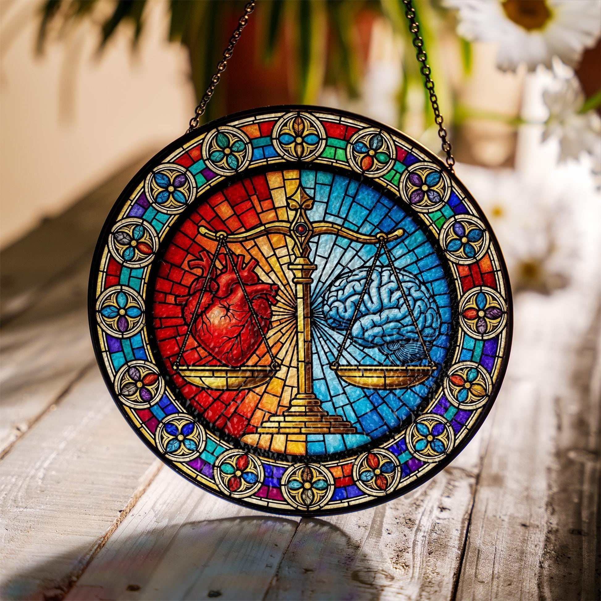 Scale of Justice Glass Suncatcher – Heart vs. Brain Glass Art – Law Office Decor, Gift for Lawyers or Psychology Lovers