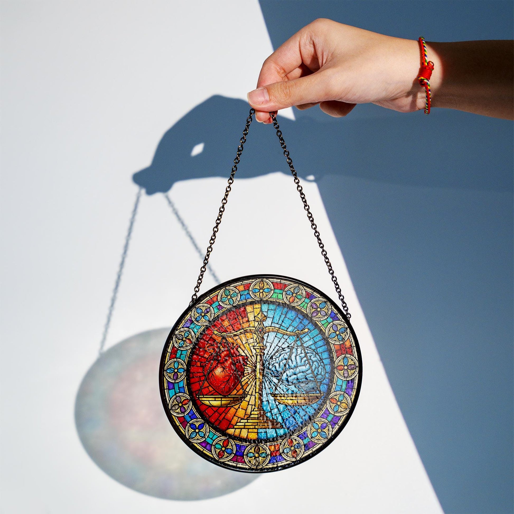 Scale of Justice Glass Suncatcher – Heart vs. Brain Glass Art – Law Office Decor, Gift for Lawyers or Psychology Lovers
