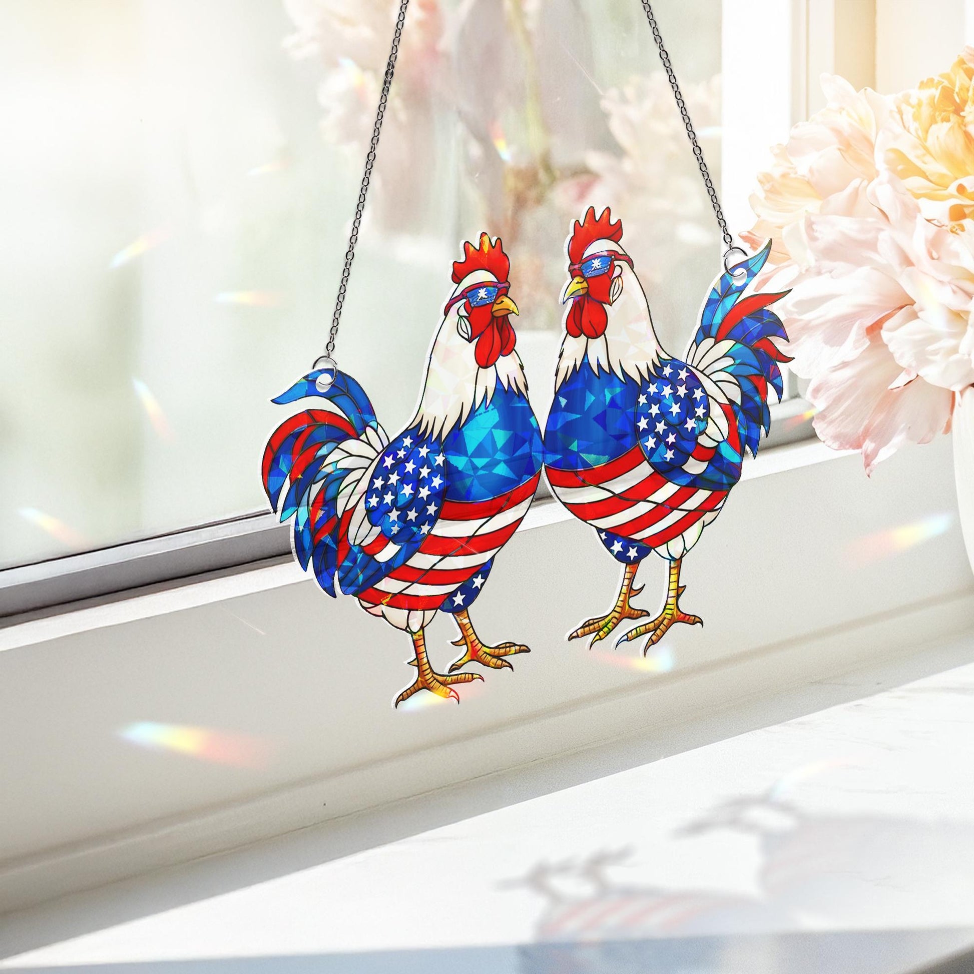 Patriotic Rooster Suncatcher – Holographic Acrylic USA Flag Chicken Decor – 4th of July Window Art or Country Gift