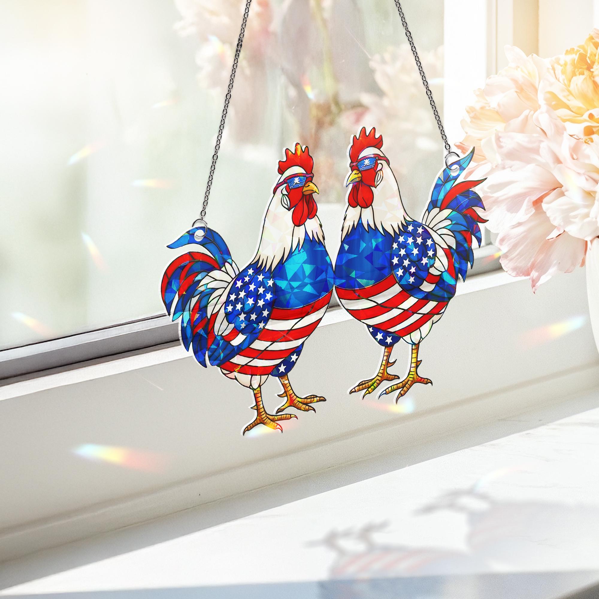 Patriotic Rooster Suncatcher – Holographic Acrylic USA Flag Chicken Decor – 4th of July Window Art or Country Gift