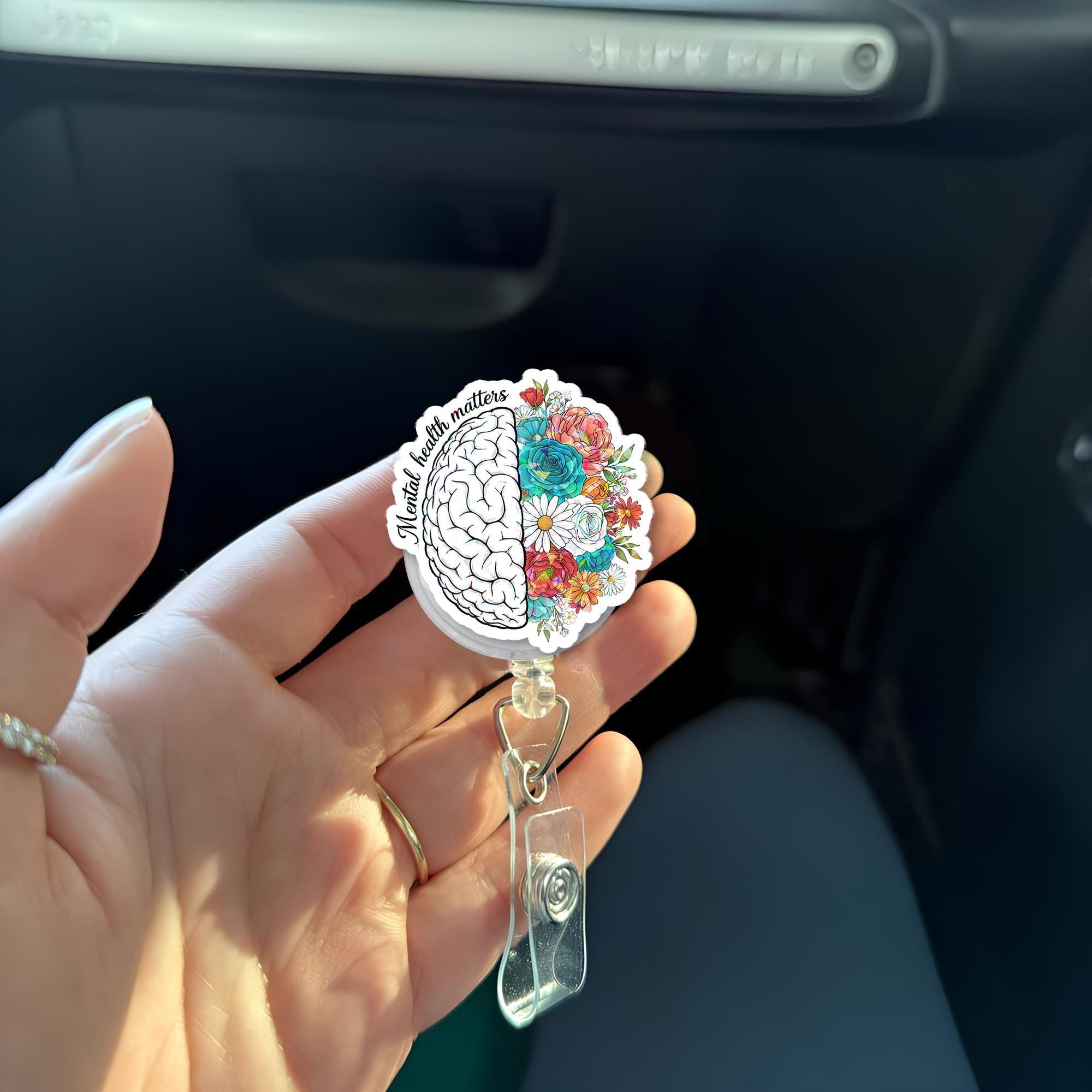 Mental Health Matters Badge Reel – Floral Brain Retractable ID Holder – Cute Nurse, Therapist, Teacher Gift or Badge Clip