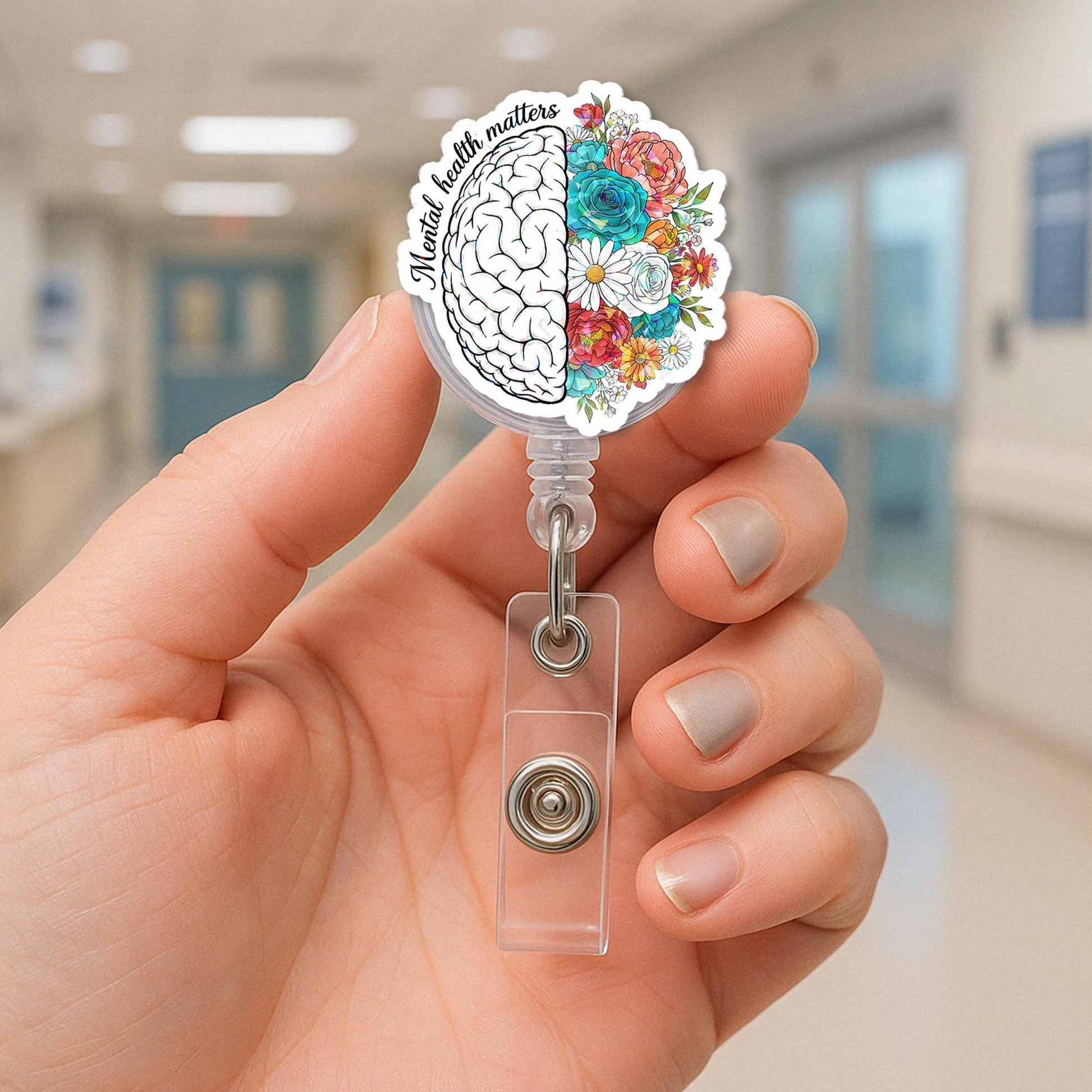 Mental Health Matters Badge Reel – Floral Brain Retractable ID Holder – Cute Nurse, Therapist, Teacher Gift or Badge Clip