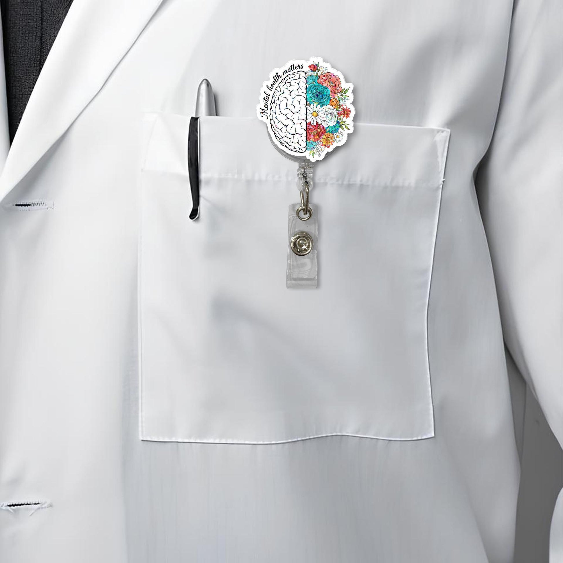 Mental Health Matters Badge Reel – Floral Brain Retractable ID Holder – Cute Nurse, Therapist, Teacher Gift or Badge Clip