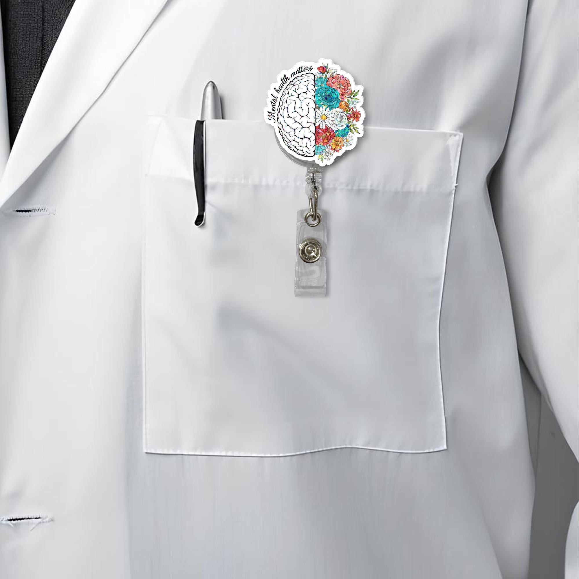 Mental Health Matters Badge Reel – Floral Brain Retractable ID Holder – Cute Nurse, Therapist, Teacher Gift or Badge Clip