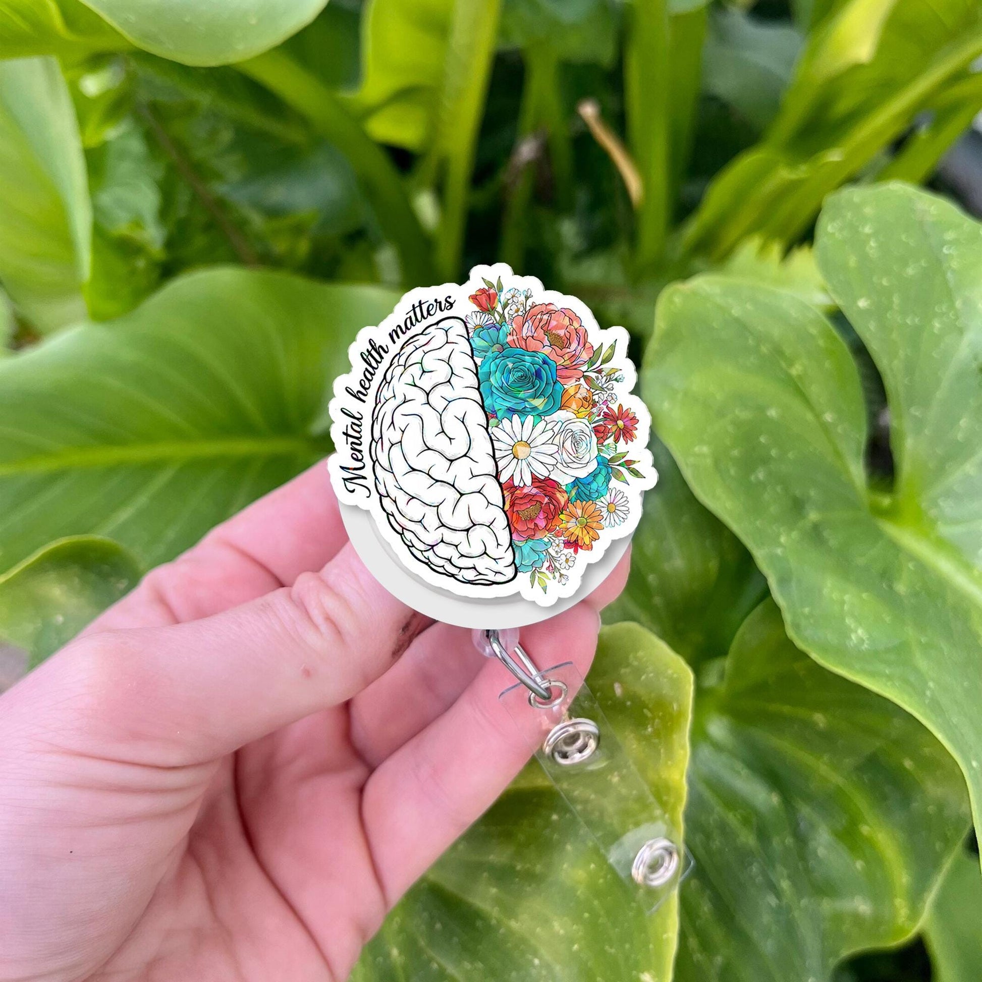 Mental Health Matters Badge Reel – Floral Brain Retractable ID Holder – Cute Nurse, Therapist, Teacher Gift or Badge Clip