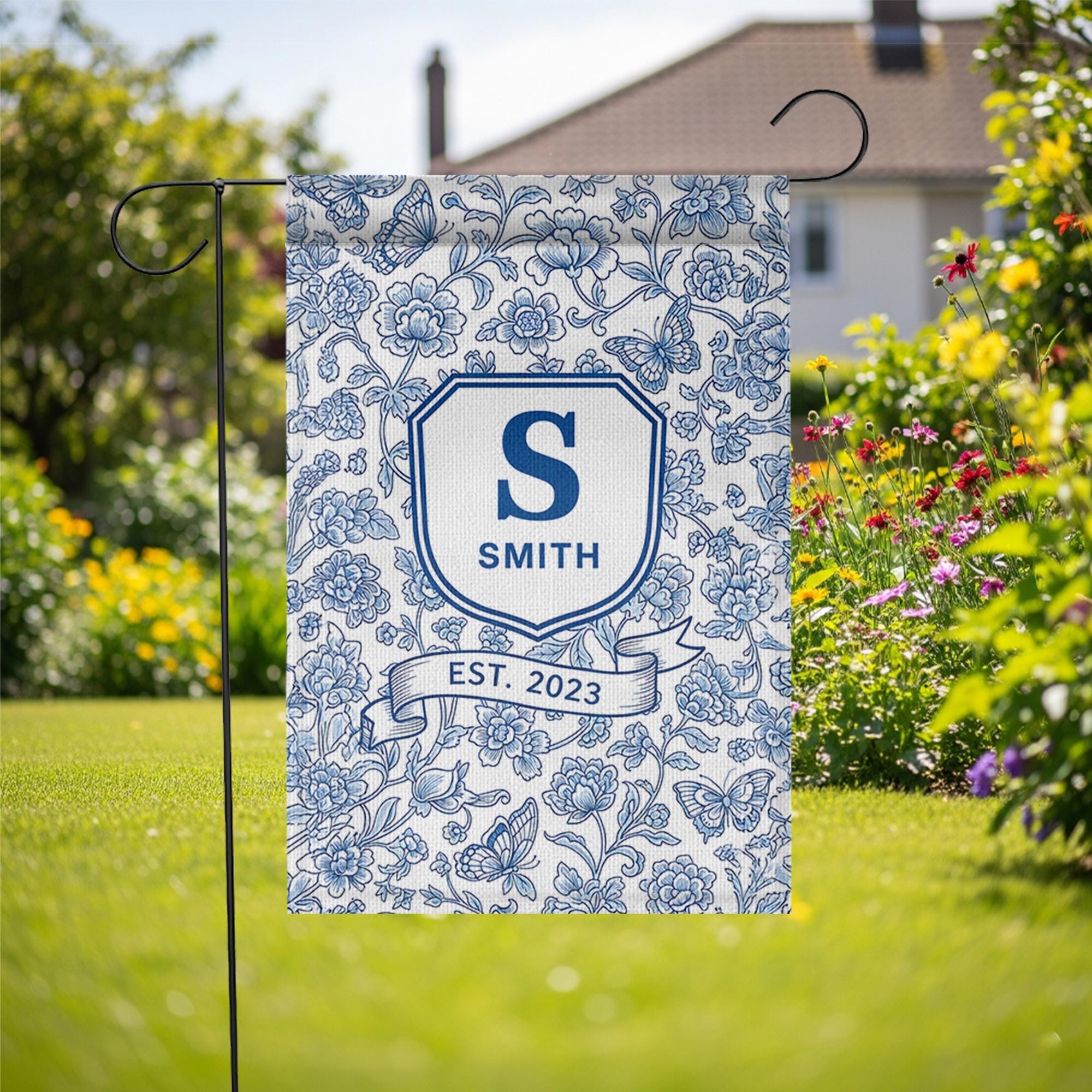 Personalized Chinoiserie Garden Flag, Family Name Yard Sign, Blue Floral Monogram Decor, Custom Outdoor Spring Flag