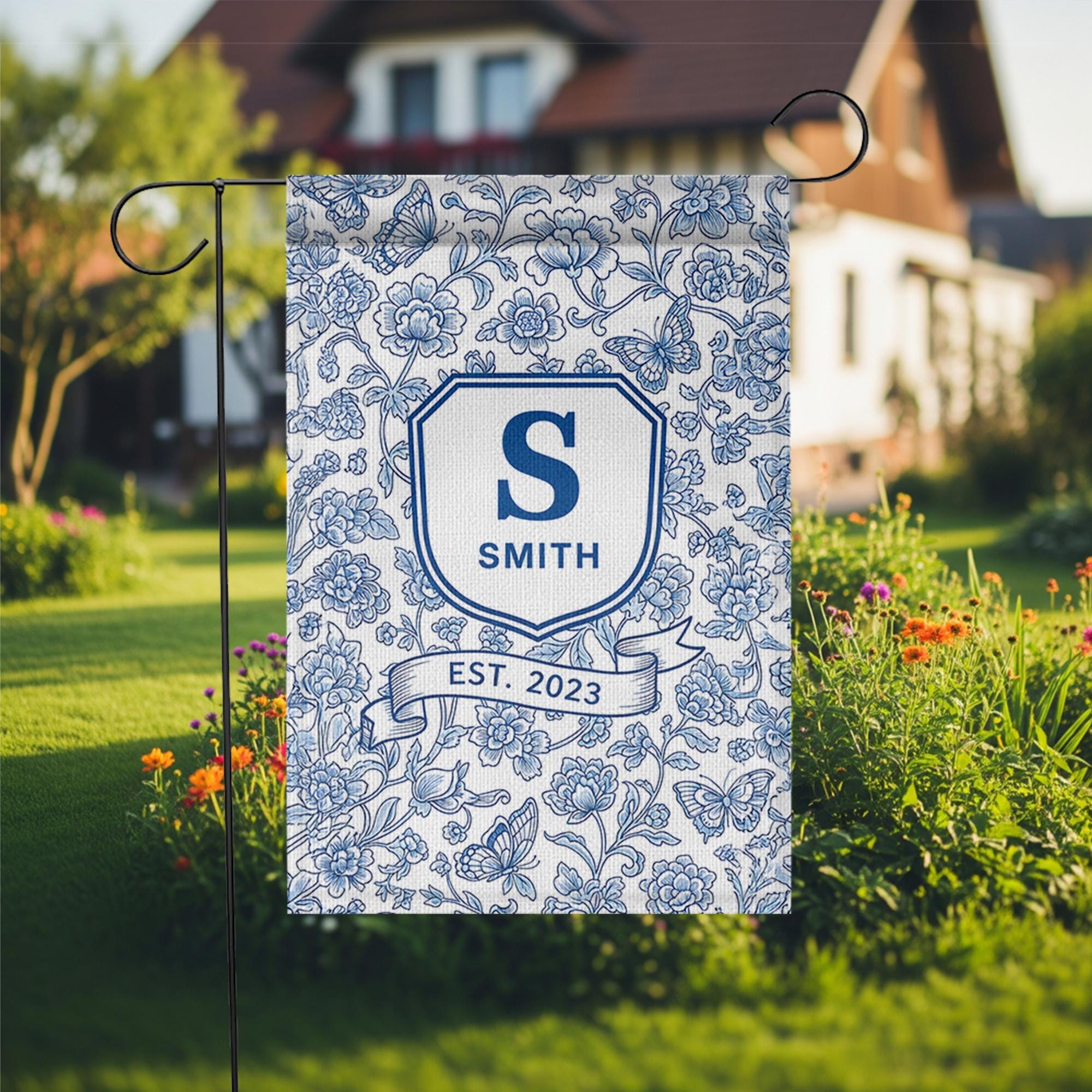 Personalized Chinoiserie Garden Flag, Family Name Yard Sign, Blue Floral Monogram Decor, Custom Outdoor Spring Flag