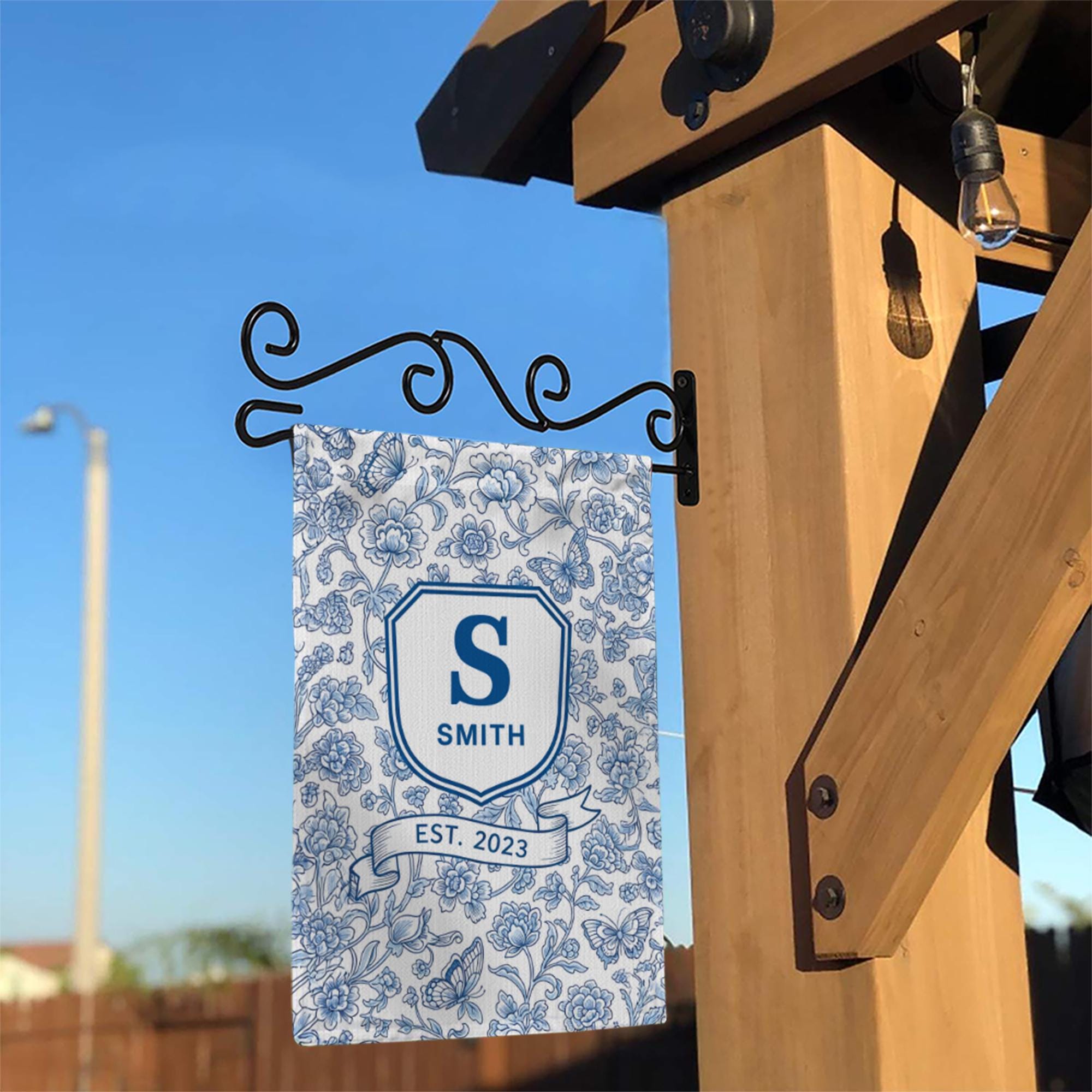Personalized Chinoiserie Garden Flag, Family Name Yard Sign, Blue Floral Monogram Decor, Custom Outdoor Spring Flag