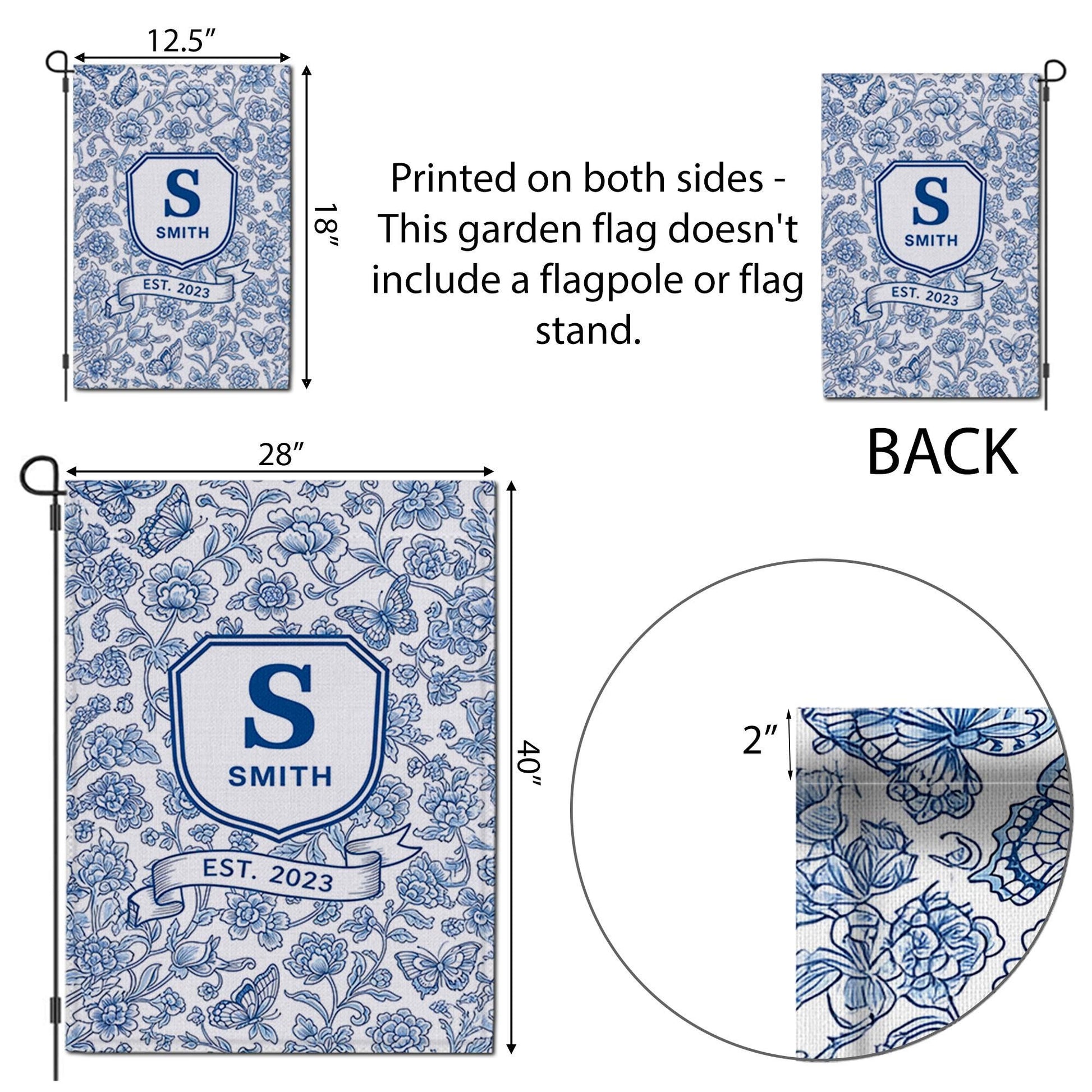 Personalized Chinoiserie Garden Flag, Family Name Yard Sign, Blue Floral Monogram Decor, Custom Outdoor Spring Flag