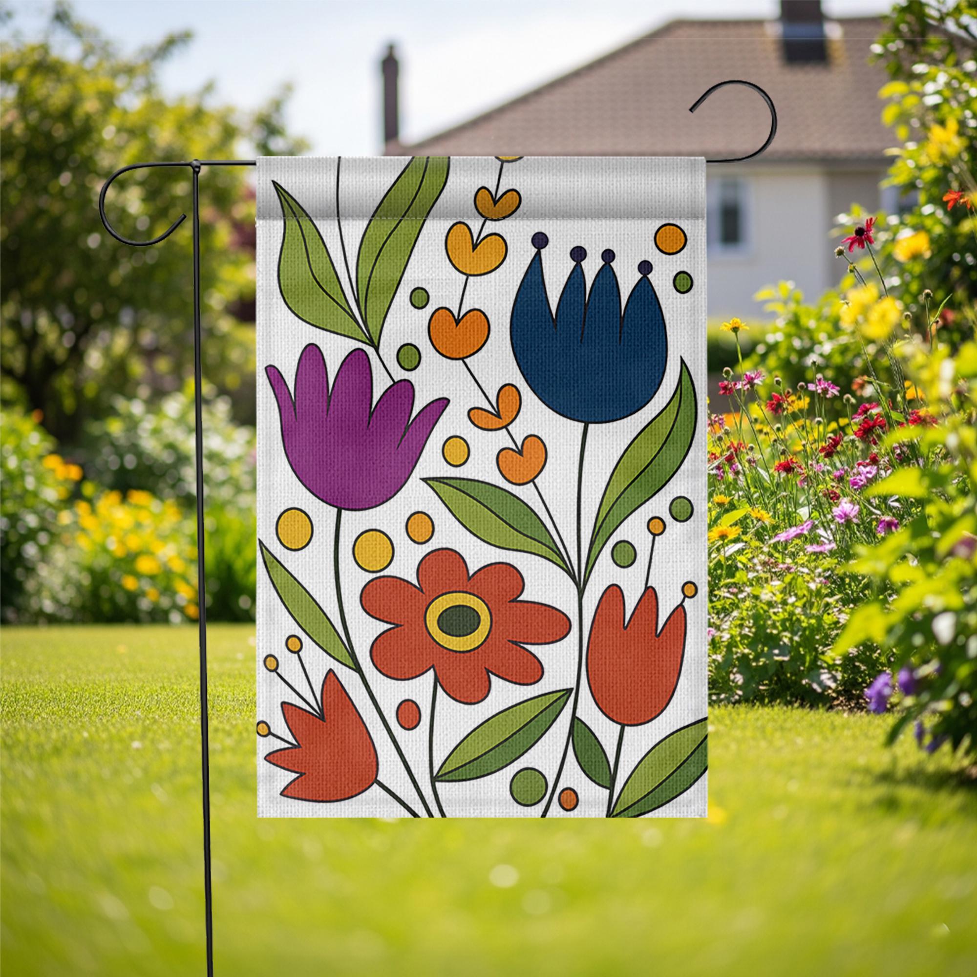 Retro Flower Garden Flag, Colorful Floral Yard Decor, Spring Summer Outdoor Banner, Mid Century Modern Garden Art