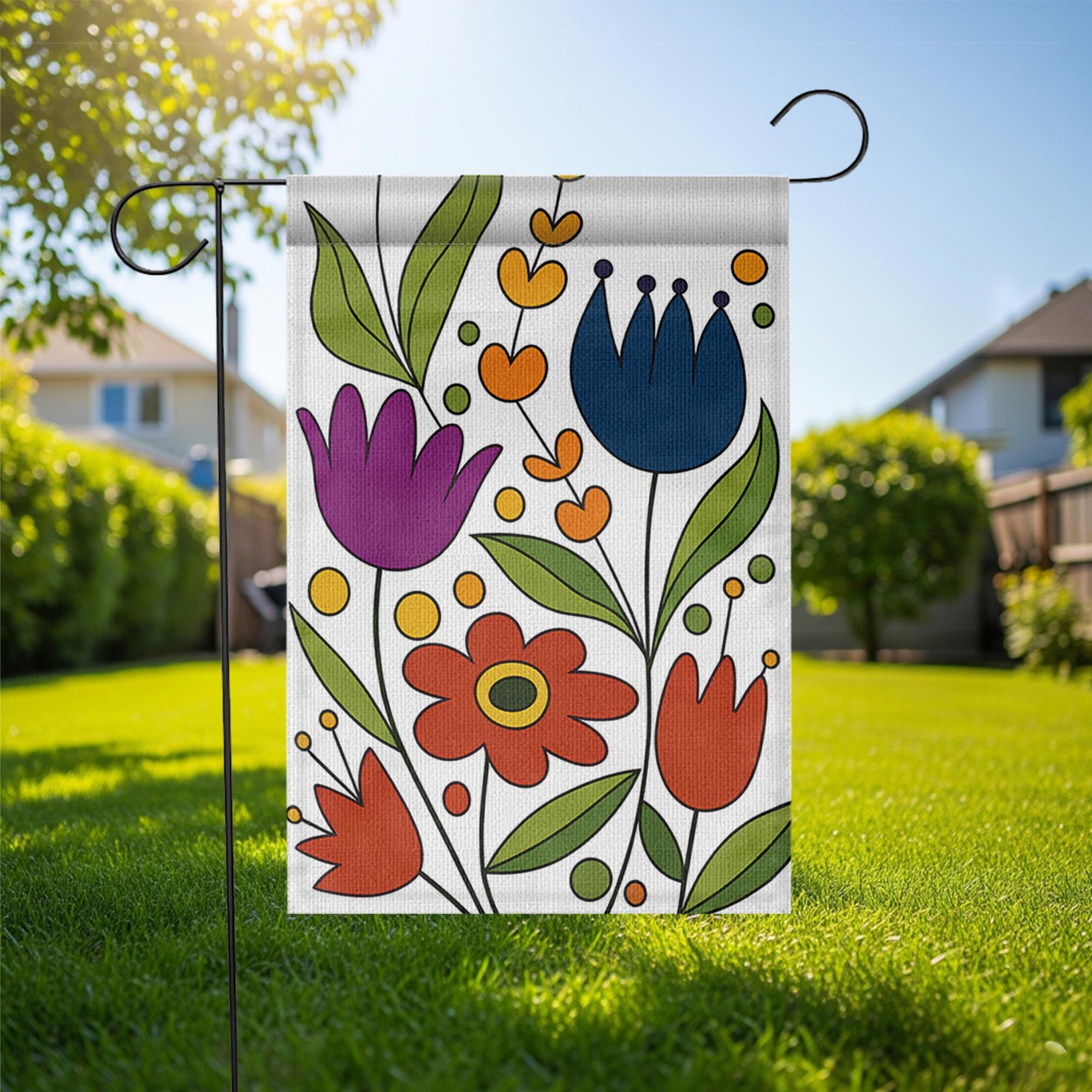 Retro Flower Garden Flag, Colorful Floral Yard Decor, Spring Summer Outdoor Banner, Mid Century Modern Garden Art