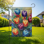 Colorful Tulip Garden Flag, Stained Glass STYLE ART Floral Yard Flag, Spring Summer Outdoor Decor, Bright Flower House Banner, Yard Art Flag
