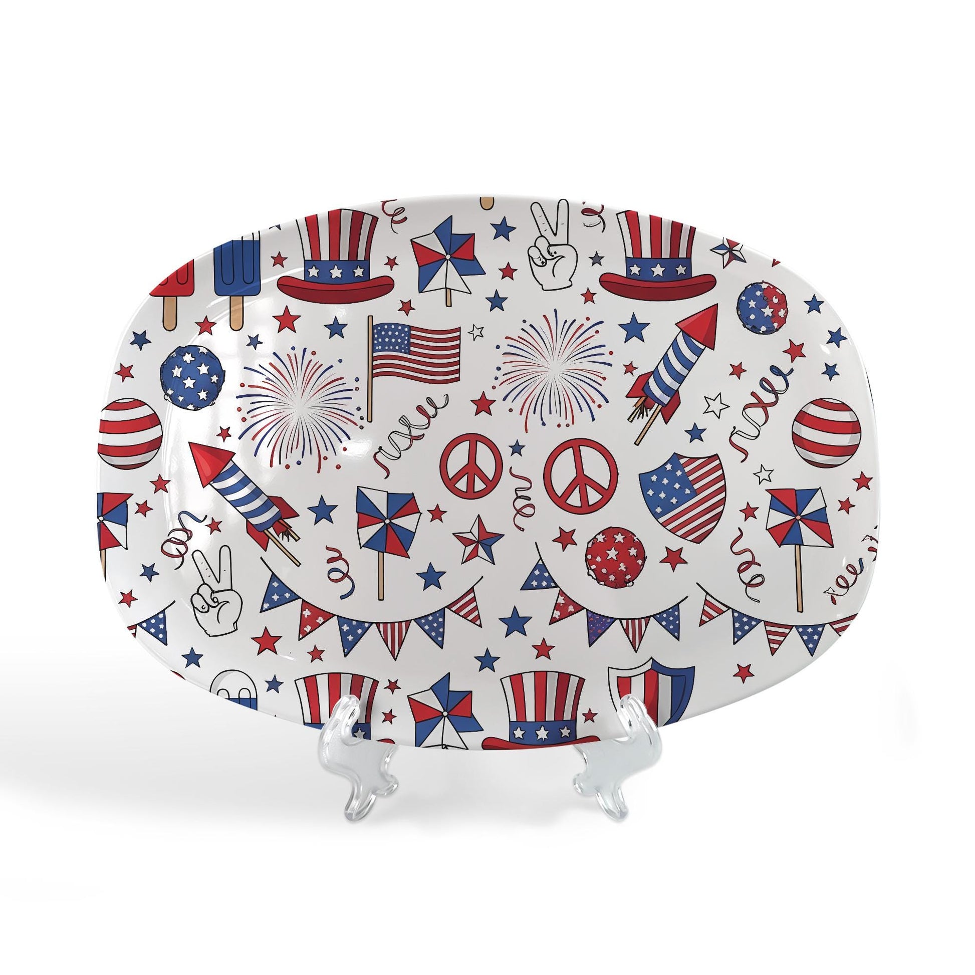 Patriotic 4th of July Platter – Red White Blue Melamine Tray with Fireworks, Flags & Stars – Summer BBQ Party Serving Dish