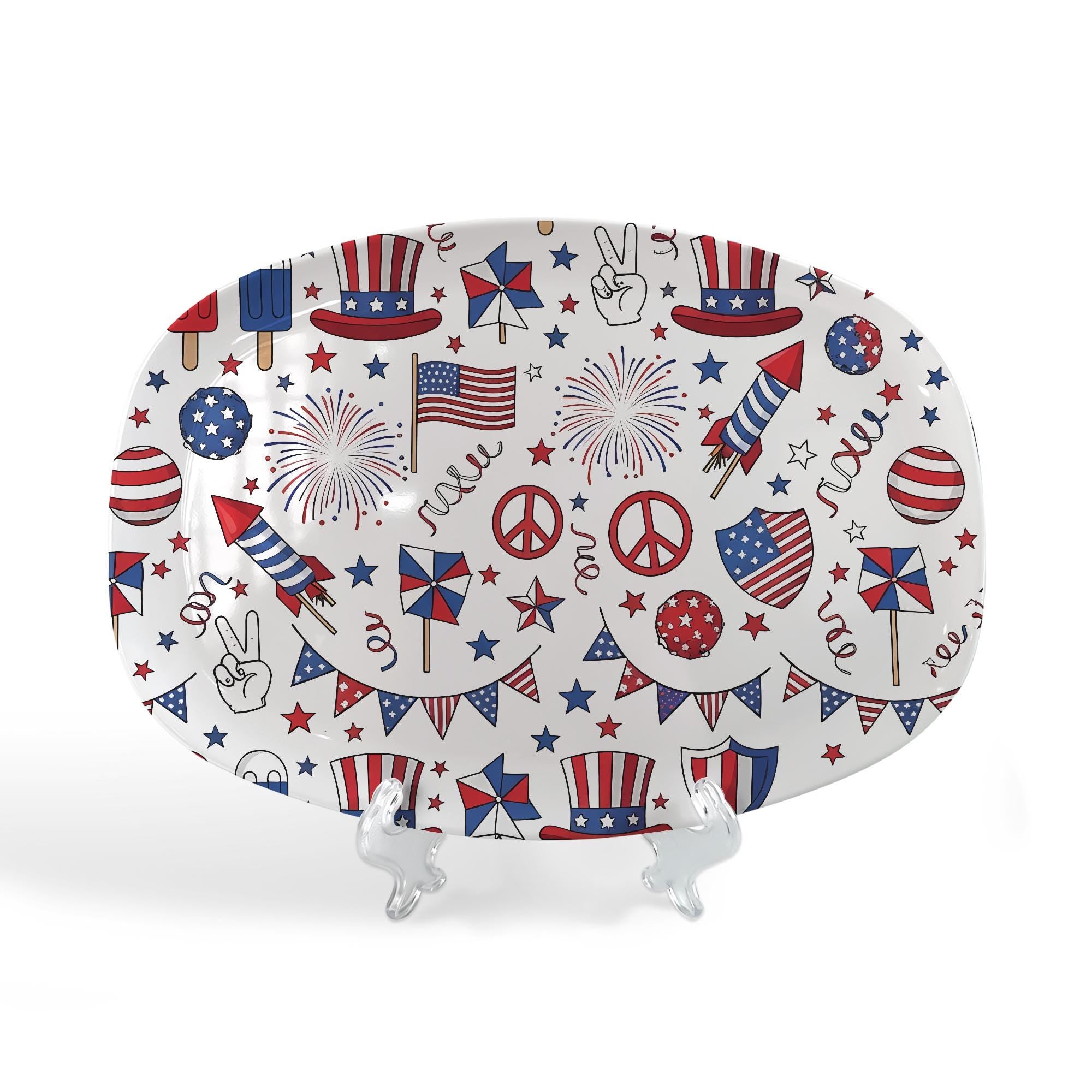 Patriotic 4th of July Platter – Red White Blue Melamine Tray with Fireworks, Flags & Stars – Summer BBQ Party Serving Dish