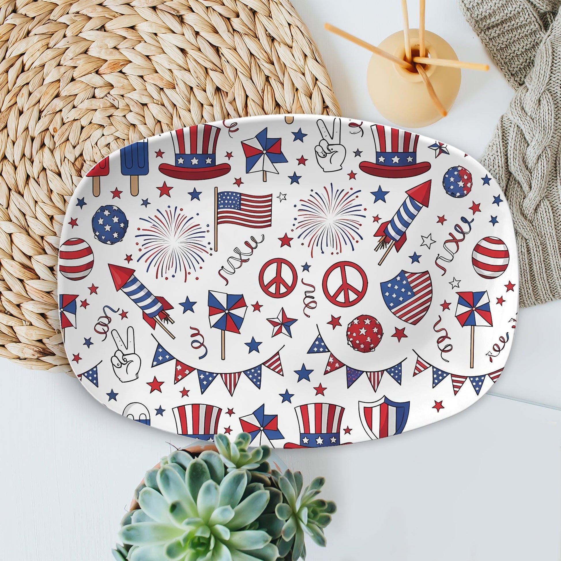 Patriotic 4th of July Platter – Red White Blue Melamine Tray with Fireworks, Flags & Stars – Summer BBQ Party Serving Dish