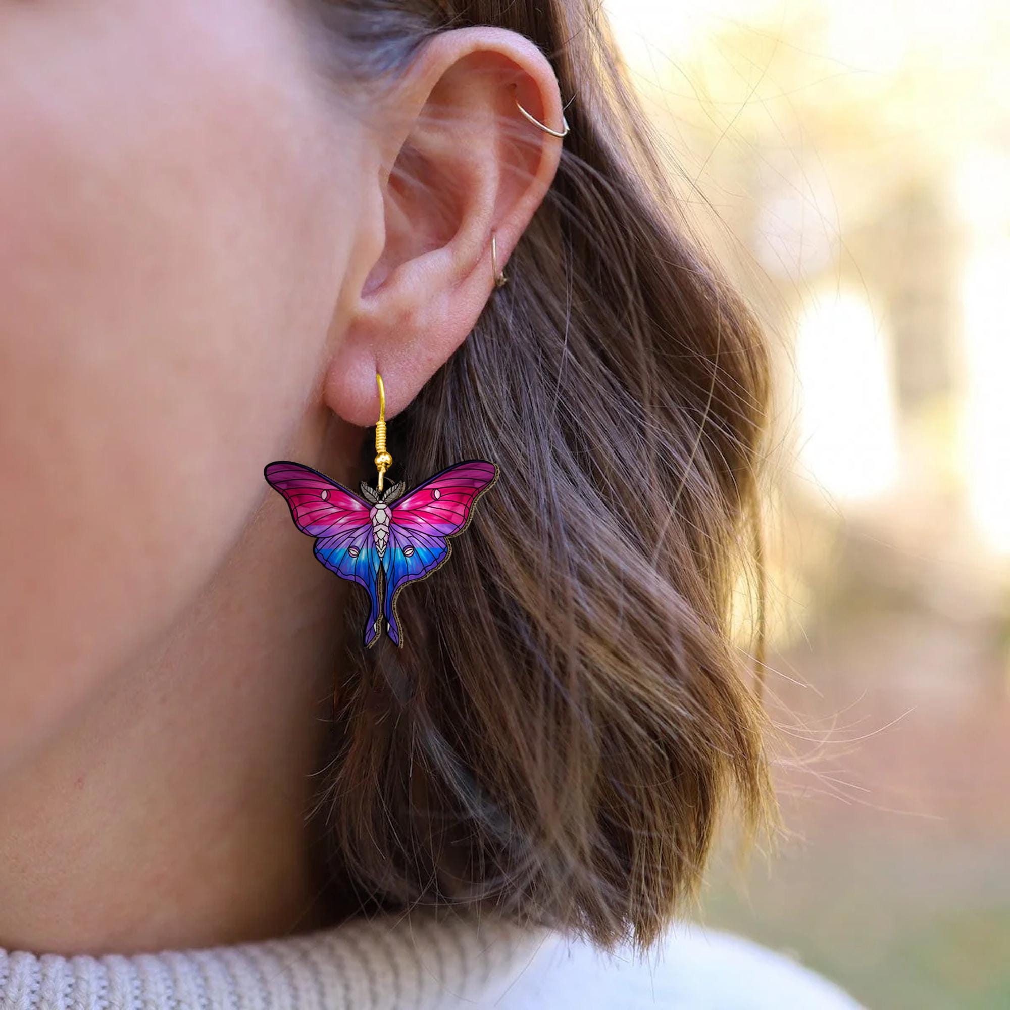 Bisexual Pride Moth Earrings – Holographic Pink Purple Blue Butterfly Jewelry – Cute LGBTQ+ Statement Gift