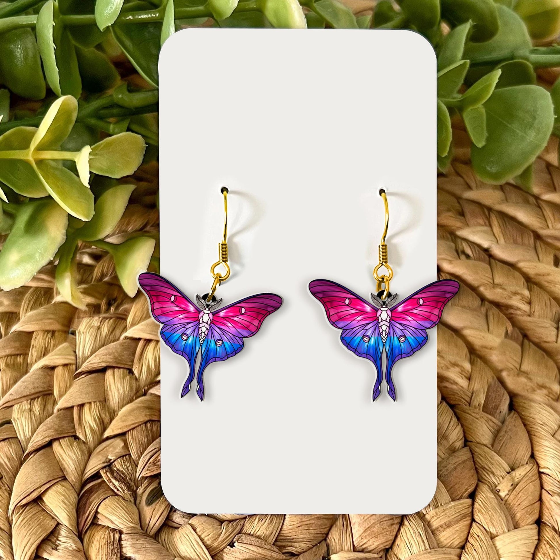 Bisexual Pride Moth Earrings – Holographic Pink Purple Blue Butterfly Jewelry – Cute LGBTQ+ Statement Gift