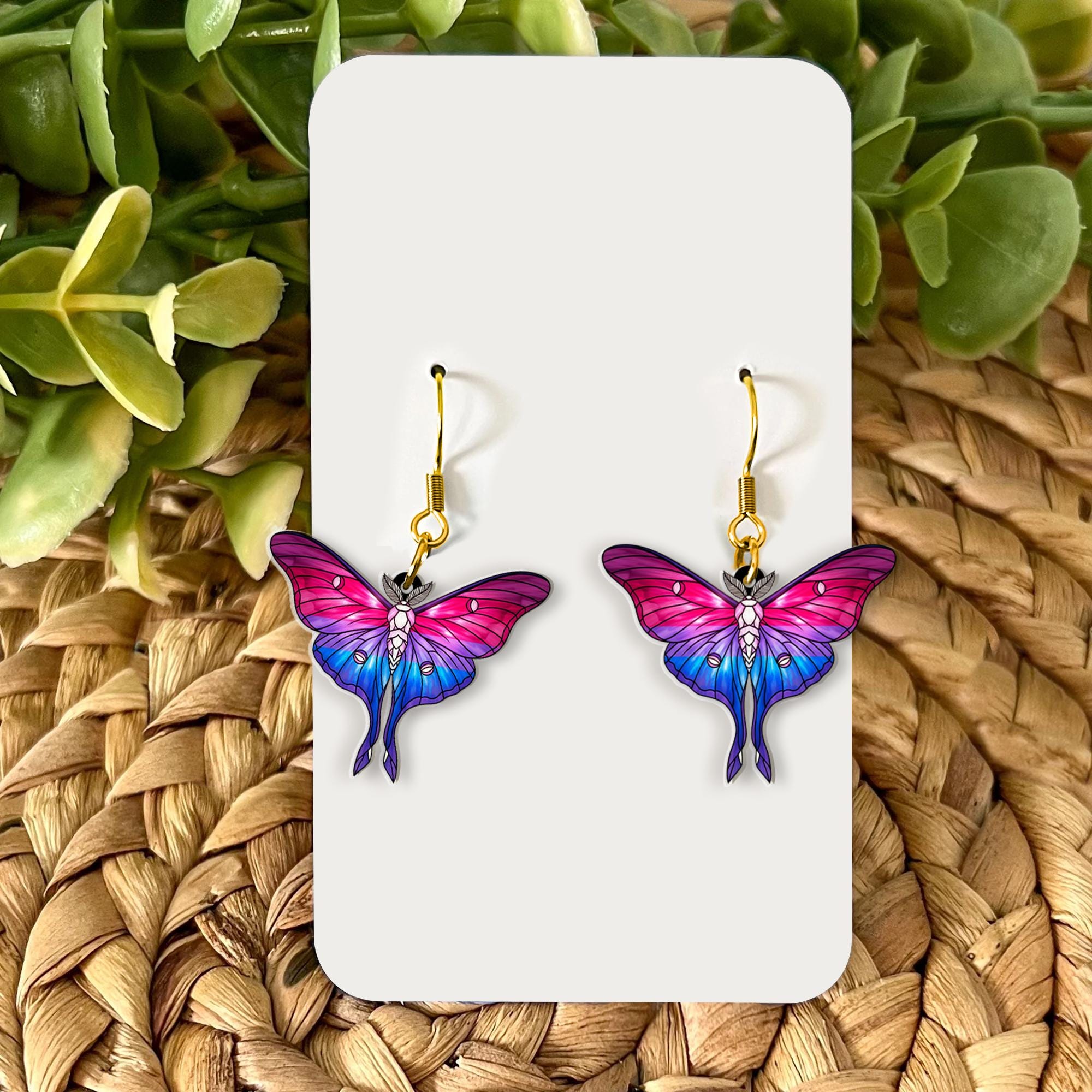 Bisexual Pride Moth Earrings – Holographic Pink Purple Blue Butterfly Jewelry – Cute LGBTQ+ Statement Gift