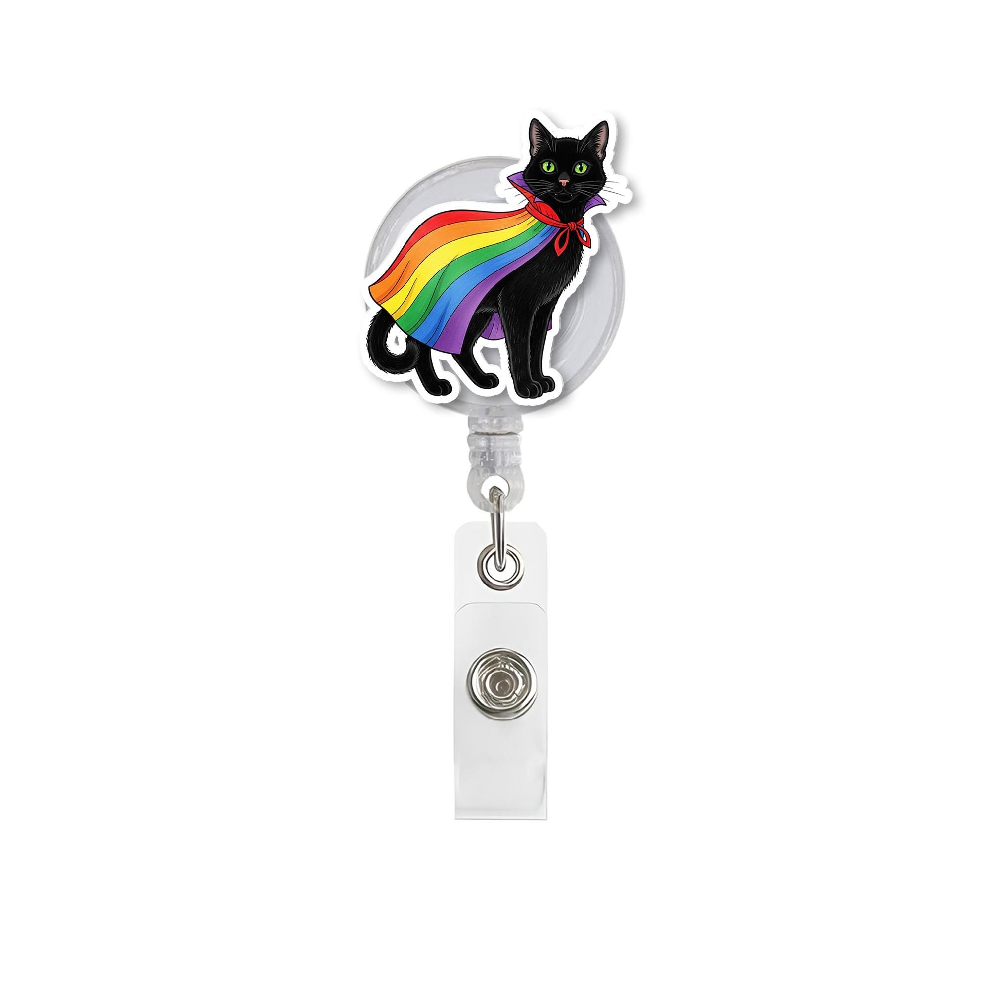 Rainbow Pride Cat Badge Reel, Black Kitty Superhero Cape ID Holder, Retractable Lanyard for Nurse, Teacher, LGBTQ Ally, Fun Work Accessory