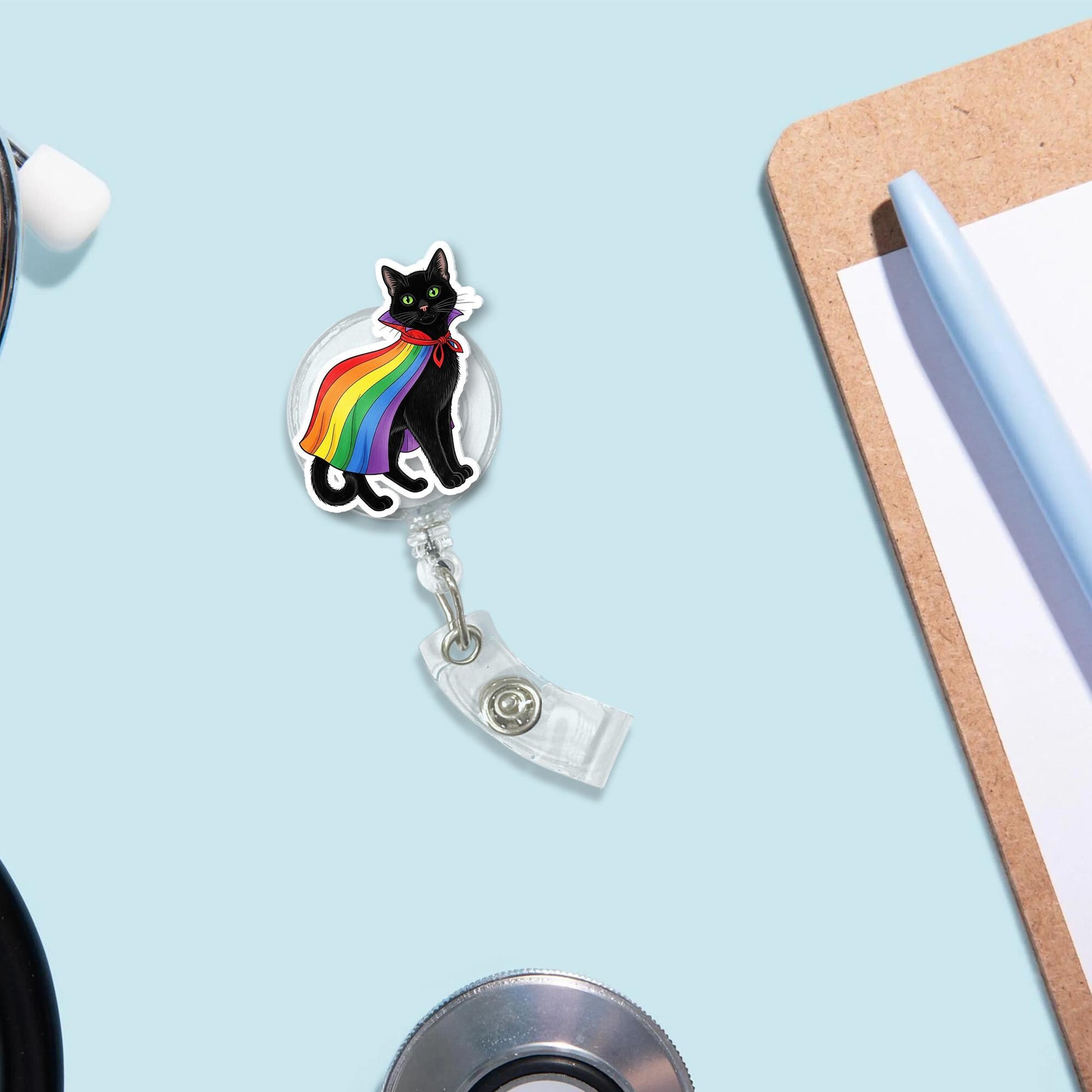Rainbow Pride Cat Badge Reel, Black Kitty Superhero Cape ID Holder, Retractable Lanyard for Nurse, Teacher, LGBTQ Ally, Fun Work Accessory