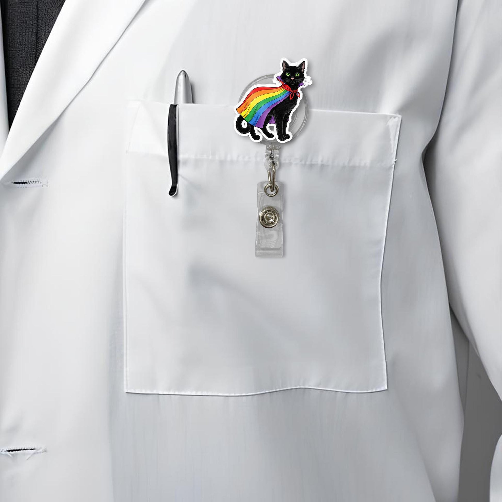 Rainbow Pride Cat Badge Reel, Black Kitty Superhero Cape ID Holder, Retractable Lanyard for Nurse, Teacher, LGBTQ Ally, Fun Work Accessory