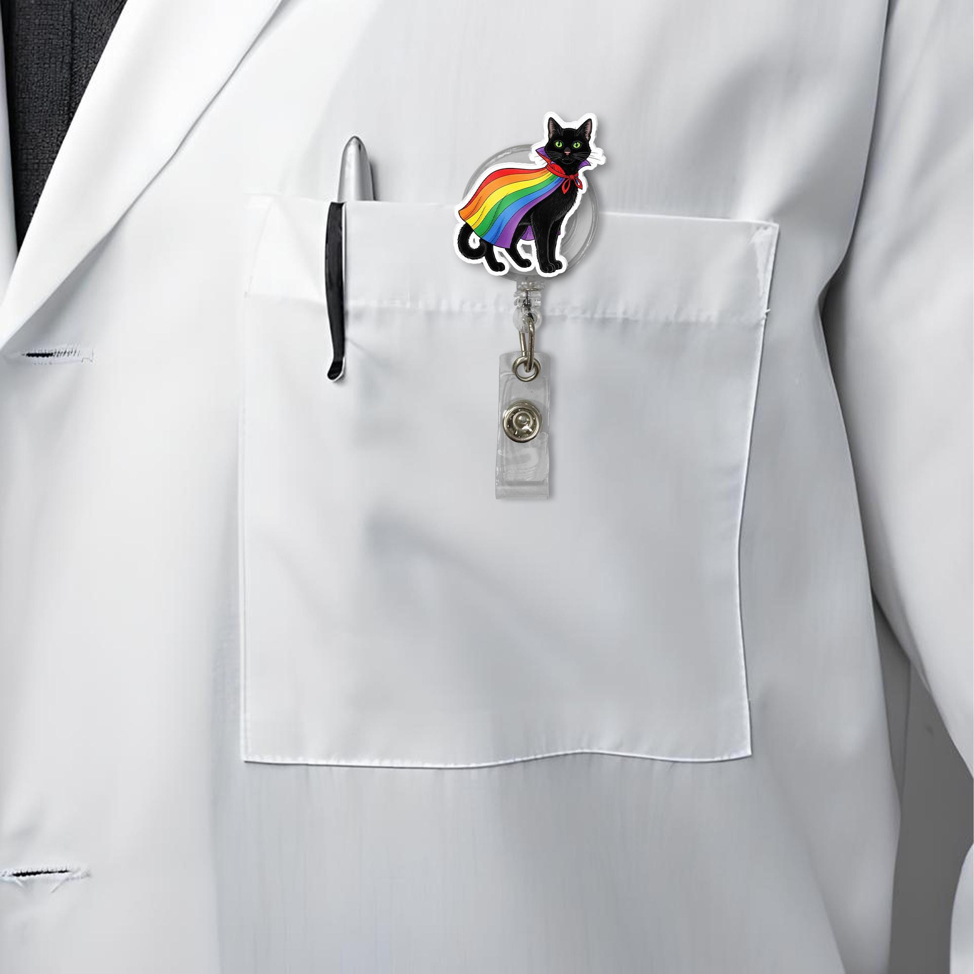Rainbow Pride Cat Badge Reel, Black Kitty Superhero Cape ID Holder, Retractable Lanyard for Nurse, Teacher, LGBTQ Ally, Fun Work Accessory