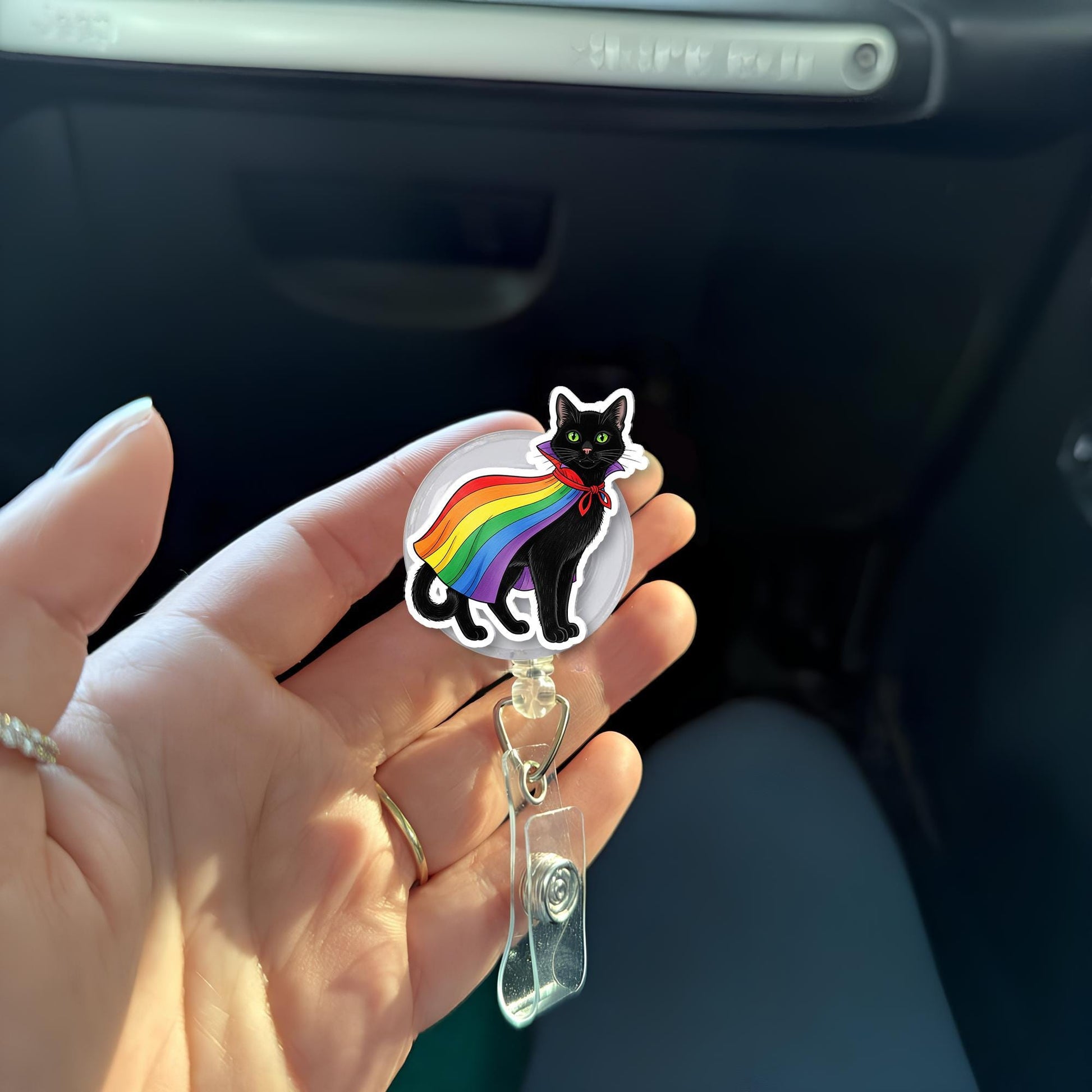 Rainbow Pride Cat Badge Reel, Black Kitty Superhero Cape ID Holder, Retractable Lanyard for Nurse, Teacher, LGBTQ Ally, Fun Work Accessory