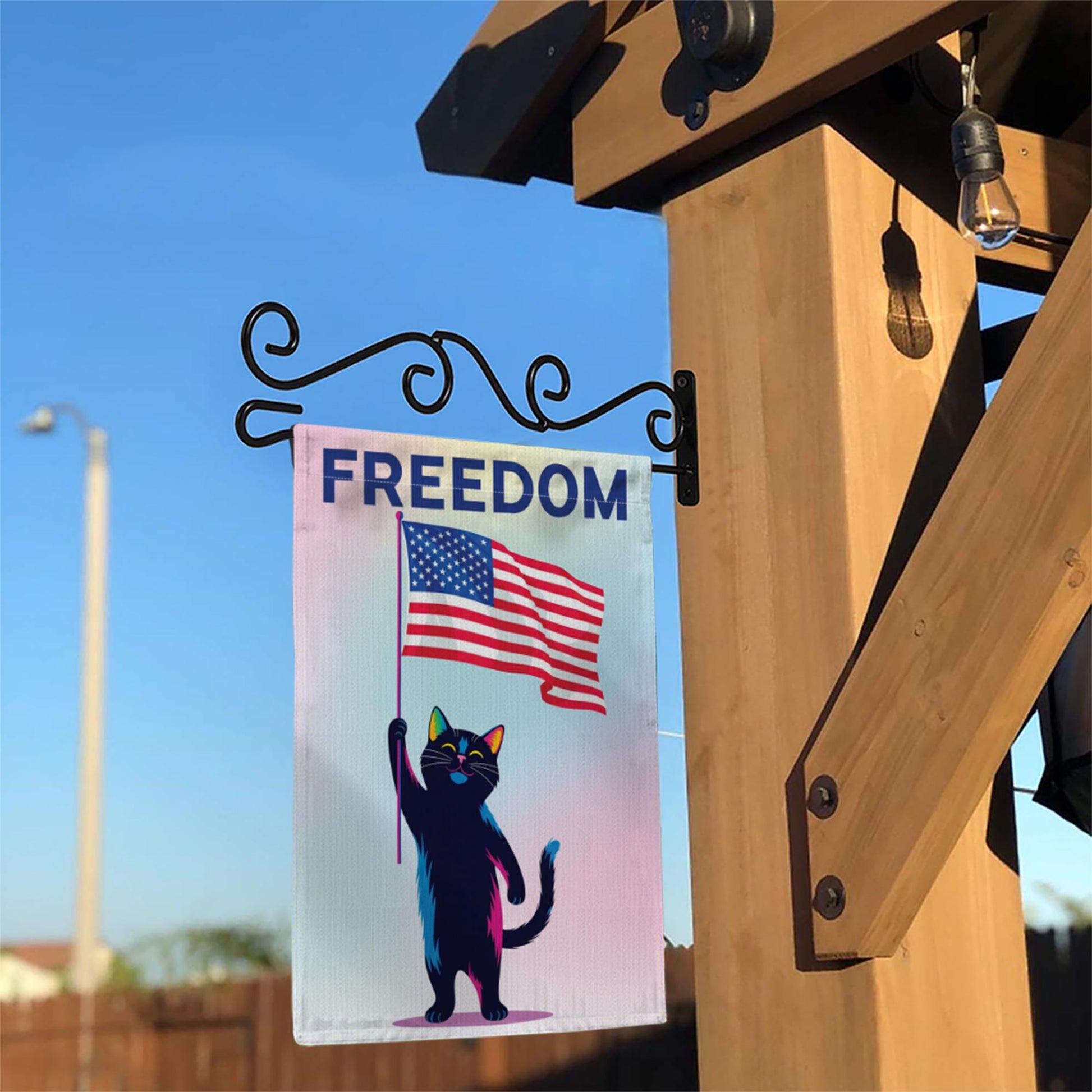 Patriotic Cat Garden Flag – Black Cat Holding USA Flag with “FREEDOM” Text – 4th of July Yard Decor – Funny Independence Day Gift, Cat Mom