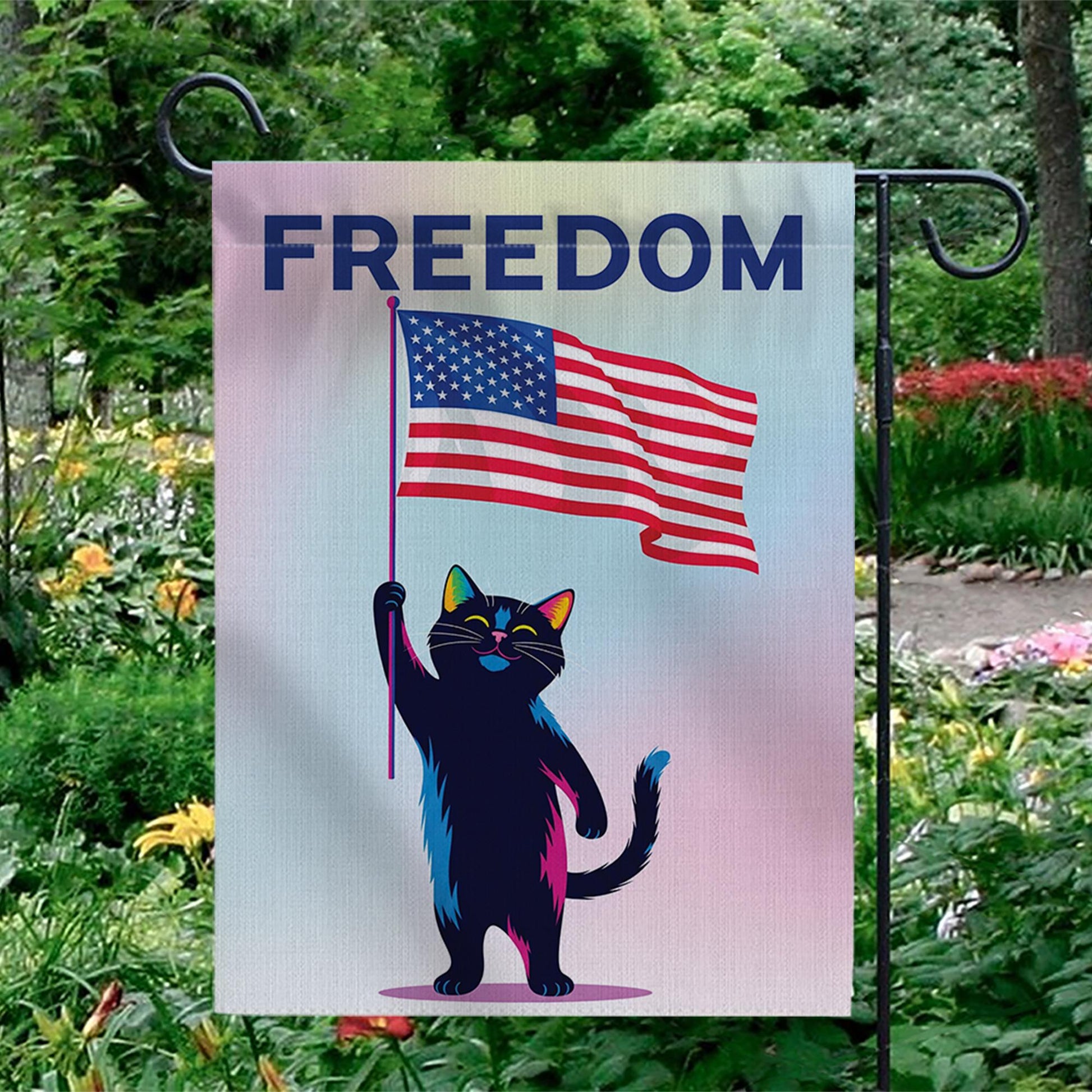 Patriotic Cat Garden Flag – Black Cat Holding USA Flag with “FREEDOM” Text – 4th of July Yard Decor – Funny Independence Day Gift, Cat Mom
