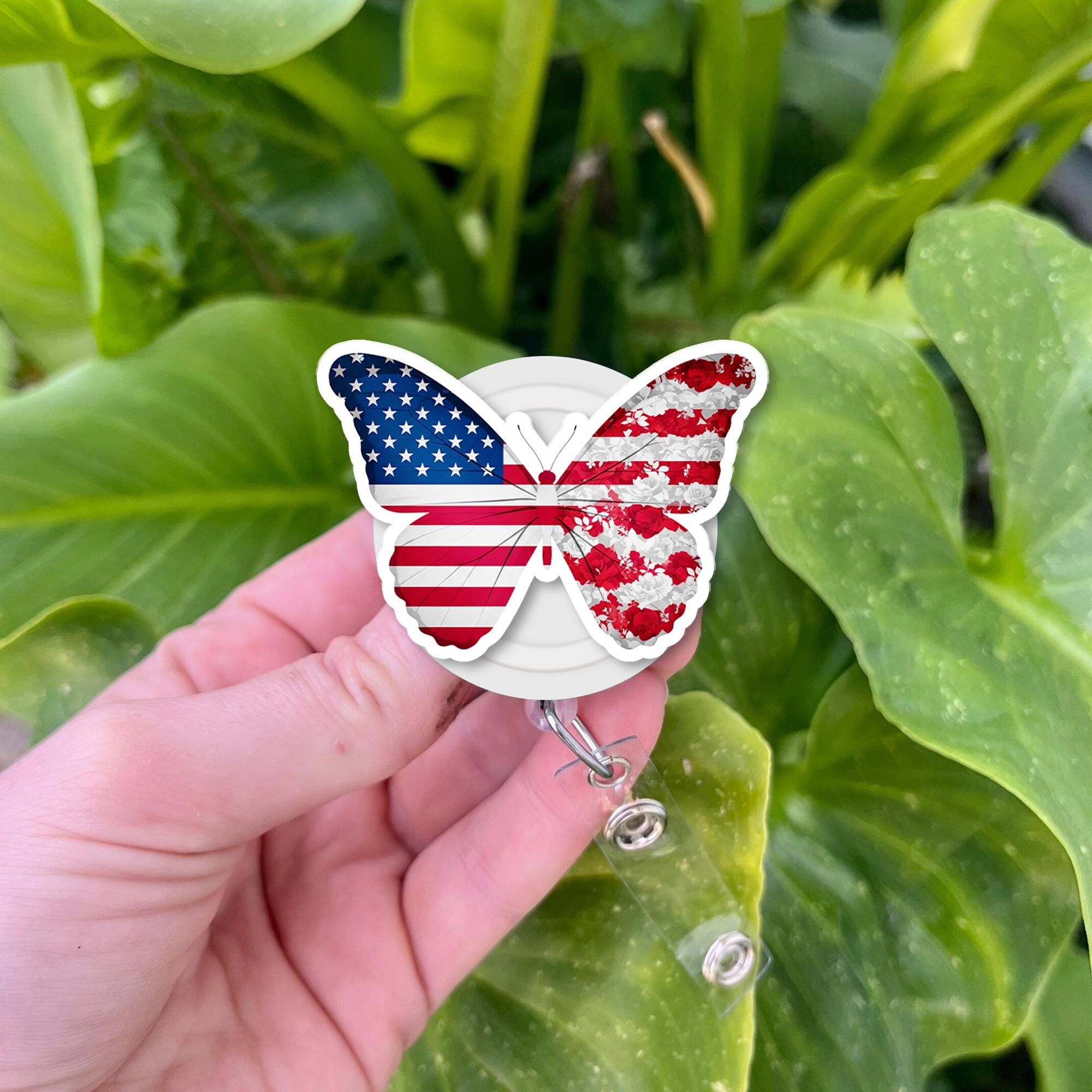 Patriotic Butterfly USA Flag Badge Reel, American 4th Of July ID Holder, Retractable Nurse Badge Clip, Teacher Lanyard Gift,Office Accessory